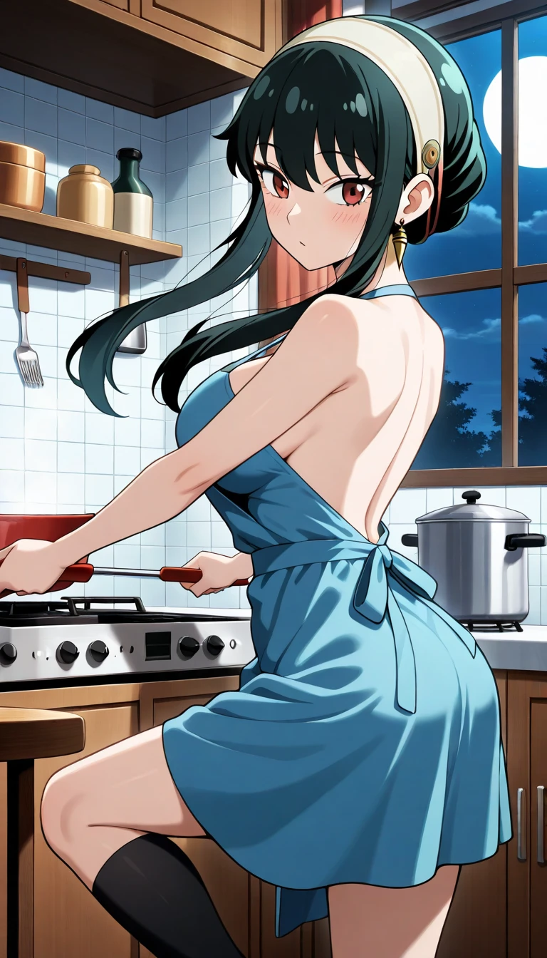 Perfect anatomy, (extremely detailed:1.0), absurdres,// naked apron, 1girl , sexy,breasts_squeezed_together, breasts squeezed together, 0.8v arms, Large breasts, breasts,, collarbone, Slender,// modern kitchen, Pots and pans, Cutting board, Chef's knife, food, , from side, High quality shadow, High quality light rays, Depth Of Field, Medium Full shot,blue eyes,blue hair,
