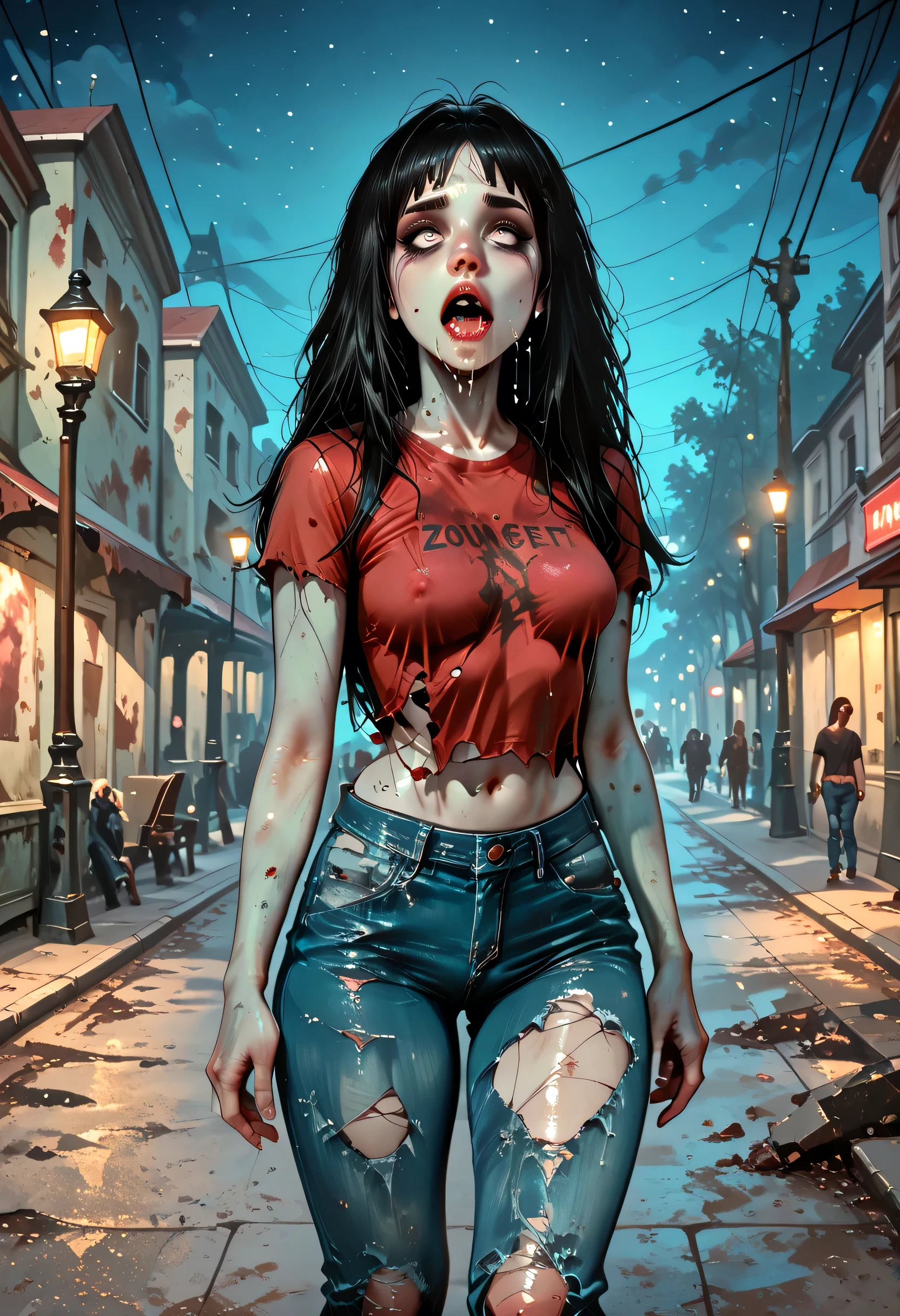 (Zombie Girl), Black Hair, Messy Long Hair, Black Thin Eyebrows, White Eyes, Lips Without Makeup, (Open Mouth, Saliva), (Medium Breasts), (Torn T-Shirt), Standing, (Blue Denim Jeans Pants, Torn Denim Jeans Pant), (Monster Zombie Girl), Looking At Me, (Dark Street, Park Horror, Night Sky)