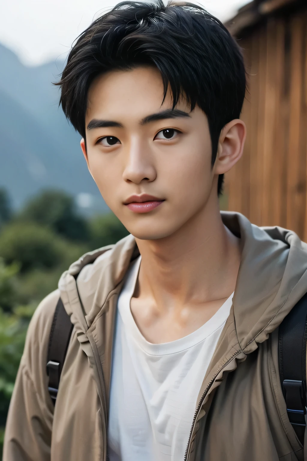  male、Japanese、handsome、 short hair、 facing the front、  mountaineer