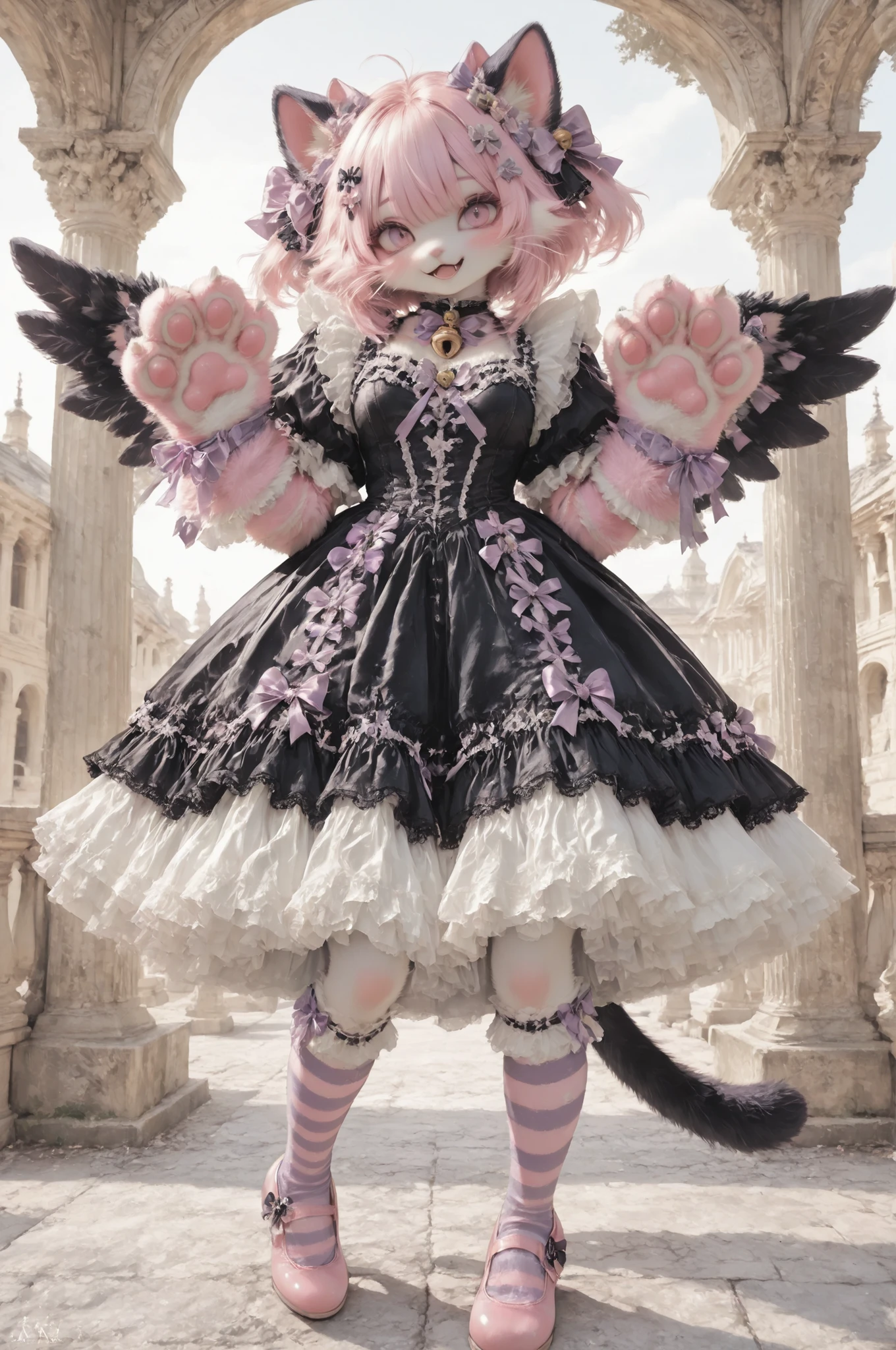 Super cute cat girl  with pink inner ears and purple bow decoration,dark-angel-attire,black angel wings,,furry Suits large expressive anime-style eyes on the costume head, fluffy pink and purple fur gloves with pink paw pads,( elaborate sky black gothic dress with multiple tiers of ruffles and white lace trim, pink ribbon accents throughout the dress, white petticoat underneath creating voluminous silhouette, small decorative bows and pale pink flower accessories on the dress, purple striped knee-high socks, pink shoes with bows, golden bell collar accessory, standing in playful pose with paws raised, luxury Greek temple background,  stone pillars, soft lighting, kawaii furry suit fashion combining animal costume elements with sweet gothic style, cool-toned color palette dominated by various shades of  white and black accents,,