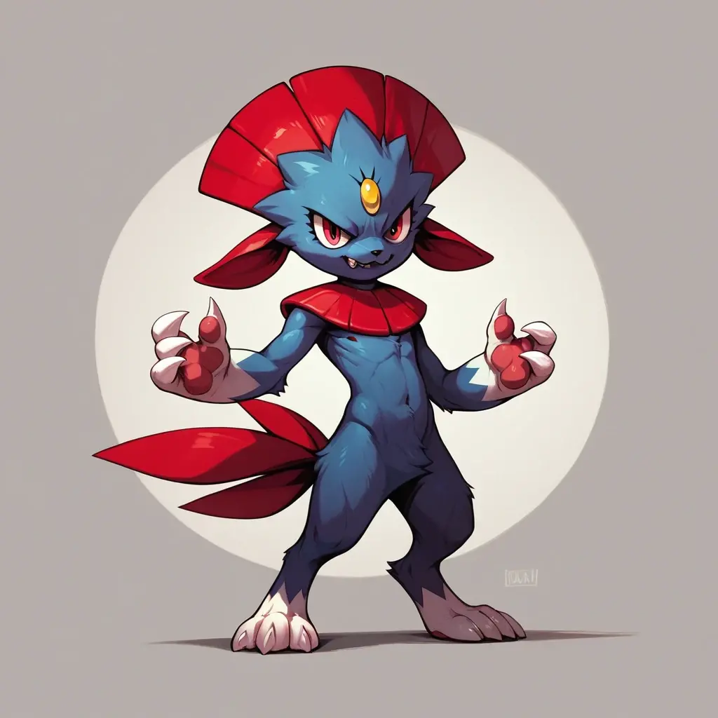 (masterpiece, best quality:1.2),solo,Weavile \(pokemon\),pokemon \(creature\),full body,no humans,bluish fur, orange gem, red eyes, smile,looking at viewer