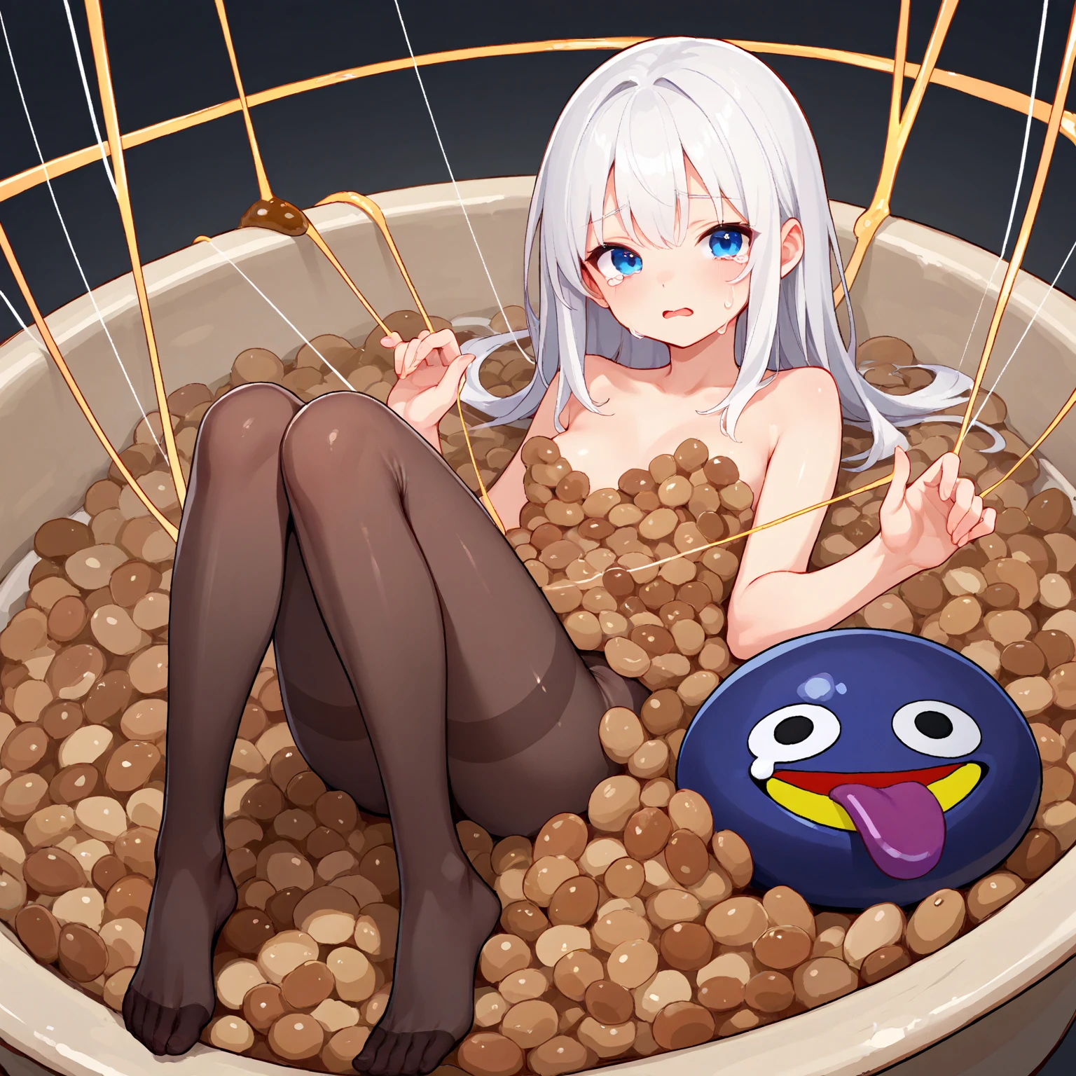 Flowing white hair, melancholy eyes, yellow pupils, black diamond-shaped hairpins, many tiny feathers dancing, She's naked, lying on a super huge,very soft, golden silk cushion in a large position, resting all her weight on it,She's sweating profusely. She's blushing. Luxurious room, Panting, Legs spread apart. Eyes closed, teeth clenched. The cushion is stained with her sweat. She's sweating like crazy. Lots of water dripping from her body. Lots of sweat,crying, She sticks out her tongue. She's drooling. She's trembling,very soft golden silk cushion,Lots of big droplets on the cushion, She's naked,She has no clothes on. All the floors are covered with thick, soft, golden silk duvets. Lots of water droplets on cushions. White chocolate sauce scattered throughout.