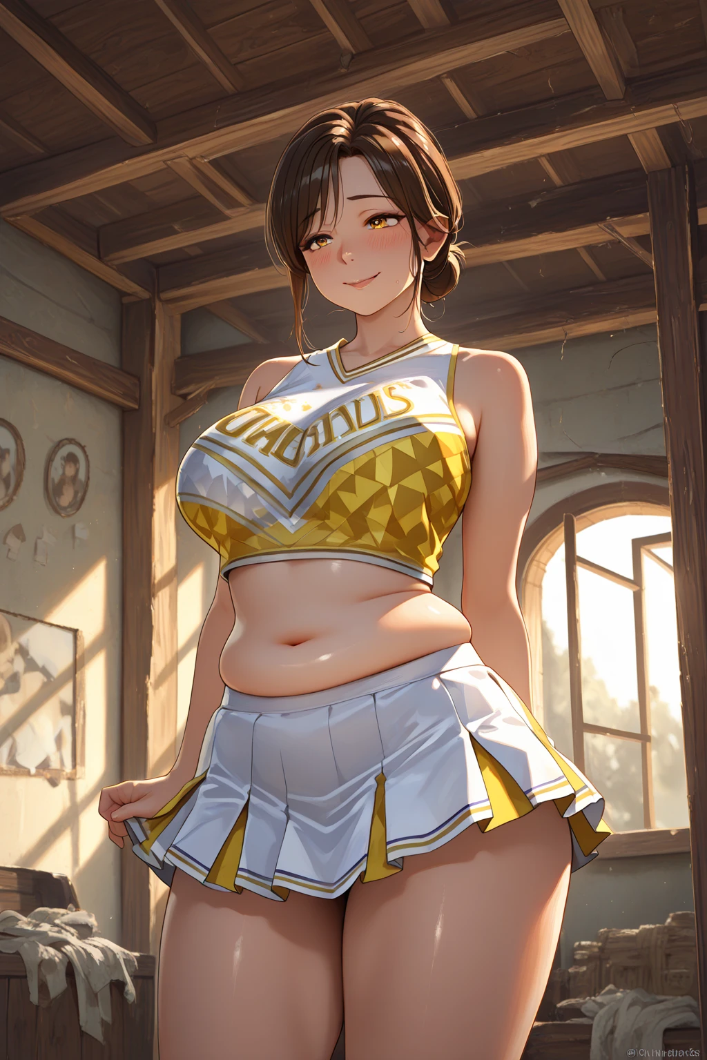 Golden long hair; eyes are clear sapphire blue; a ponytail; healthy bronze skin; a well-proportioned and smooth figure; muscles are firm yet not lacking in feminine softness; the leg lines are tight and powerful, with a flat and firm abdomen; the top is bright yellow, with a fitted cut that reveals the abdomen, embroidered with the team's emblem on the chest, and her name "Skye" is embroidered in large letters on the back, highlighting her personal identity. The bottom is a black skirt with a gold trim on the hem, which swings lightly with the movement, showing feminine elegance without hindering the execution of any difficult movements. She wears white wrist guards and knee pads, which are not only decorative but also important equipment for protecting the body during training and competition. Her professional cheerleading shoes, which match the uniform in color, provide good support and grip, ensuring that every jump and landing is safe and stable.thick thighs,fleshy thighs,revealing her thighs,big natural breasts,huge round breasts,busty girl,supermodel figure,perfect body
