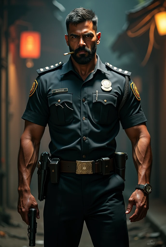 Handsome indian ZANDER 50 years old masuculine bodybuiler GURJAR indian wrist bands with spiky hairstyle police officer weared light khaki uniform, standing in police station