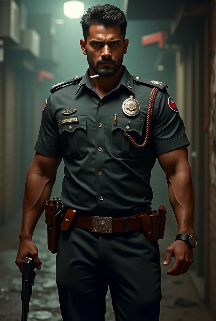 Handsome indian Officer Rahim Khan 50 years old masuculine bodybuiler GURJAR indian wrist bands with spiky hairstyle police officer weared light khaki uniform, standing in police station 