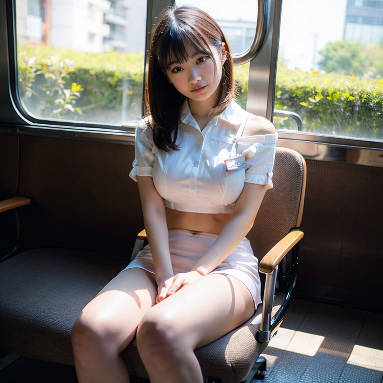 Tabletop, Highest quality, One Girl,Show off her white panties1.6Squat (beautiful girl, Cosplayers:1.3), (16 years old:1.2), Definition of Very Fine Particles, (Symmetrical eyes:1.3), (Beautiful views, Sit in a long seat on the train), (Low angle shot, From below, Front view:1.3), (school uniform, Wet, Sheer white shirt, mini skirt:1.3), Beautiful breasts, blue eyes, Parted bangs, Brown Hair