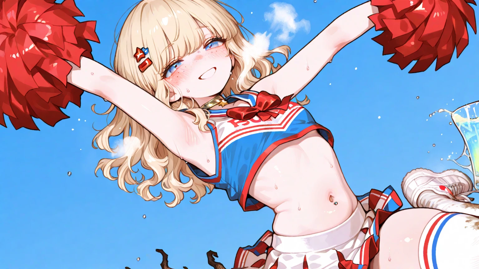 1girl, American Flag One-piece swimsuit,
(thick eyebrows), tareme, big tits,
blonde hair, short twin tails, happy, tegaki,
in shallow pool
