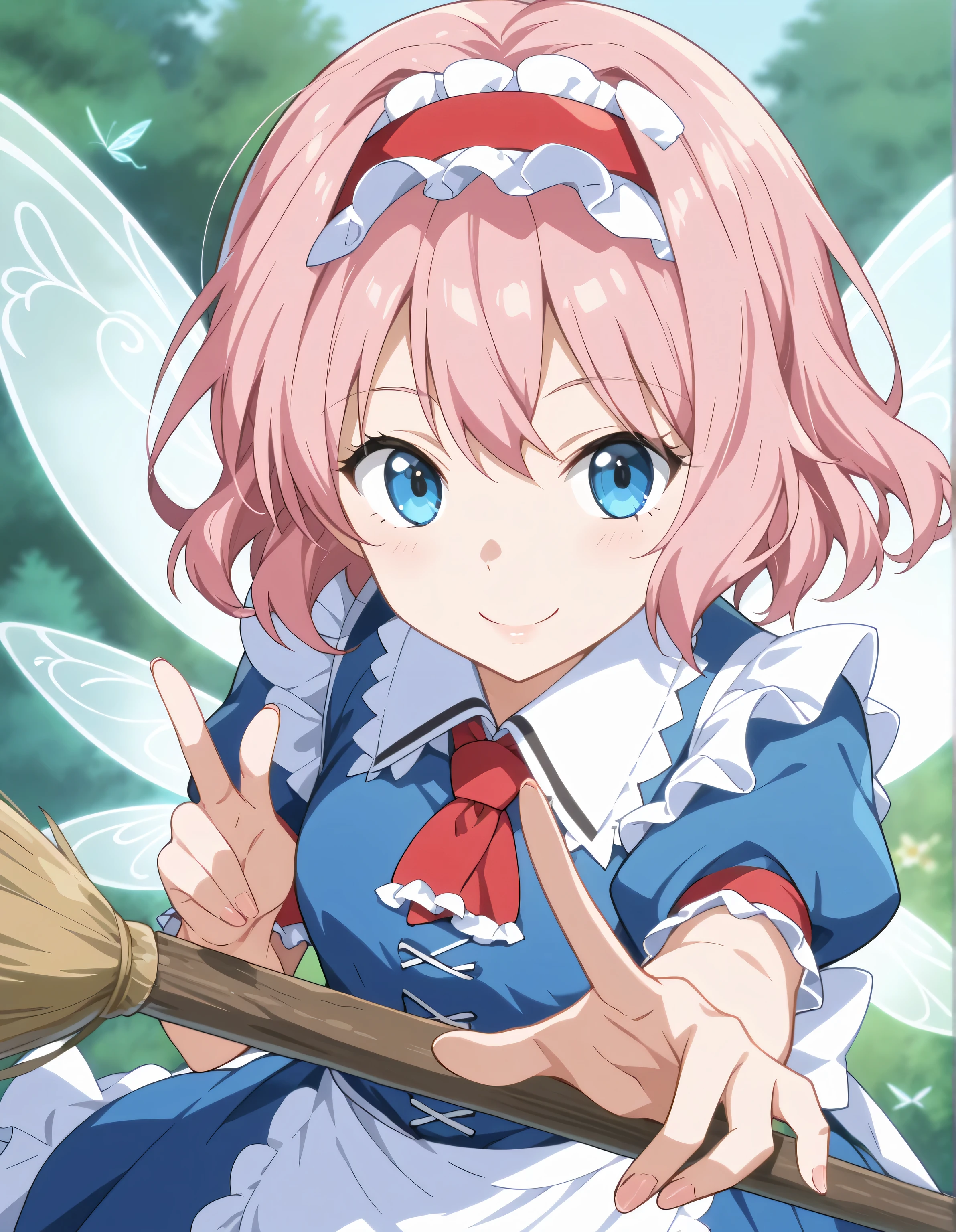 score_9, score_8_up, score_7_up, source_anime,absurdres, highres, masterpiece, best quality, amazing quality, official anime artwork, screencap, anime screencap, outdoors, looking at viewer, cute smile, Scarlet devil mansion, day,ai shindou, alice Margatroid,1girl, solo, pink hair, middle hair, blue sea eyes,fairy wings, broom,music hair ornament, hair ornament, collared maid uniform, white blue maid uniform, detached sleeves, wide sleeves, blue skirt, frilled skirt, cute pose,