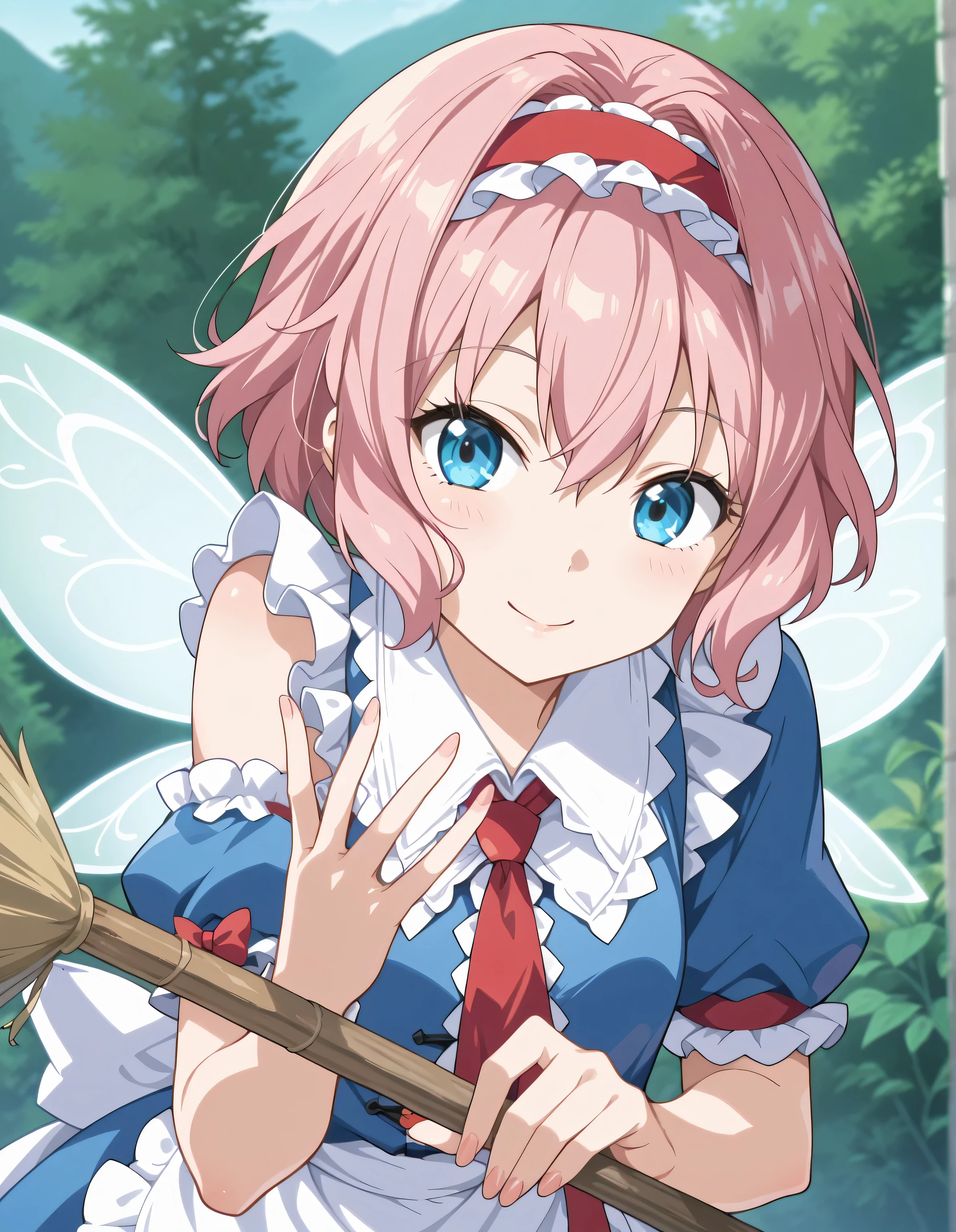 score_9, score_8_up, score_7_up, source_anime,absurdres, highres, masterpiece, best quality, amazing quality, official anime artwork, screencap, anime screencap, outdoors, looking at viewer, cute smile, Scarlet devil mansion, day,ai shindou, alice Margatroid,1girl, solo, pink hair, middle hair, blue sea eyes,fairy wings, broom,music hair ornament, hair ornament, collared maid uniform, white blue maid uniform, detached sleeves, wide sleeves, blue skirt, frilled skirt, cute pose,