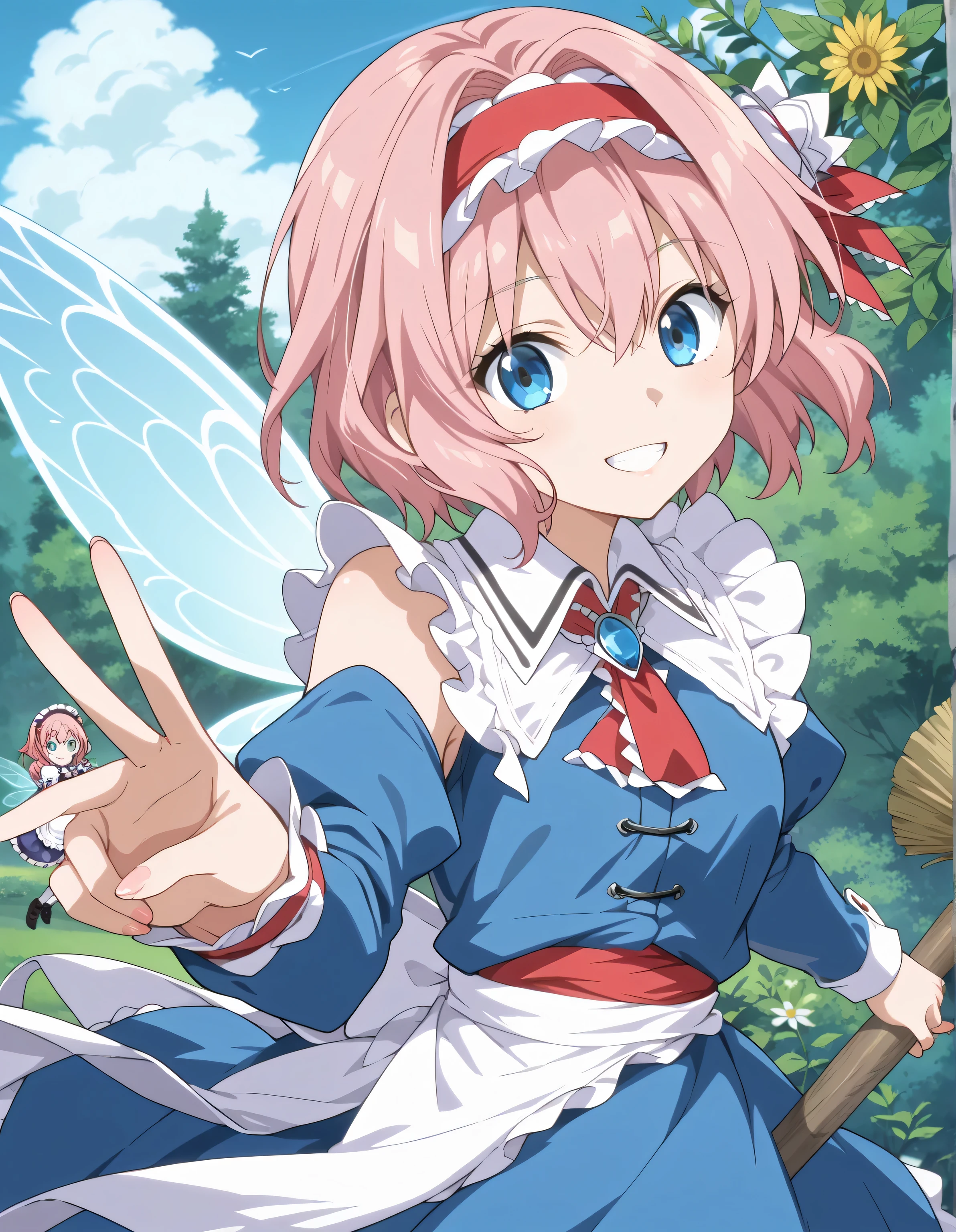 score_9, score_8_up, score_7_up, source_anime,absurdres, highres, masterpiece, best quality, amazing quality, official anime artwork, screencap, anime screencap, outdoors, looking at viewer, cute smile, Scarlet devil mansion, day,ai shindou, alice Margatroid,1girl, solo, pink hair, middle hair, blue sea eyes,fairy wings, broom,music hair ornament, hair ornament, collared maid uniform, white blue maid uniform, detached sleeves, wide sleeves, blue skirt, frilled skirt, cute pose,