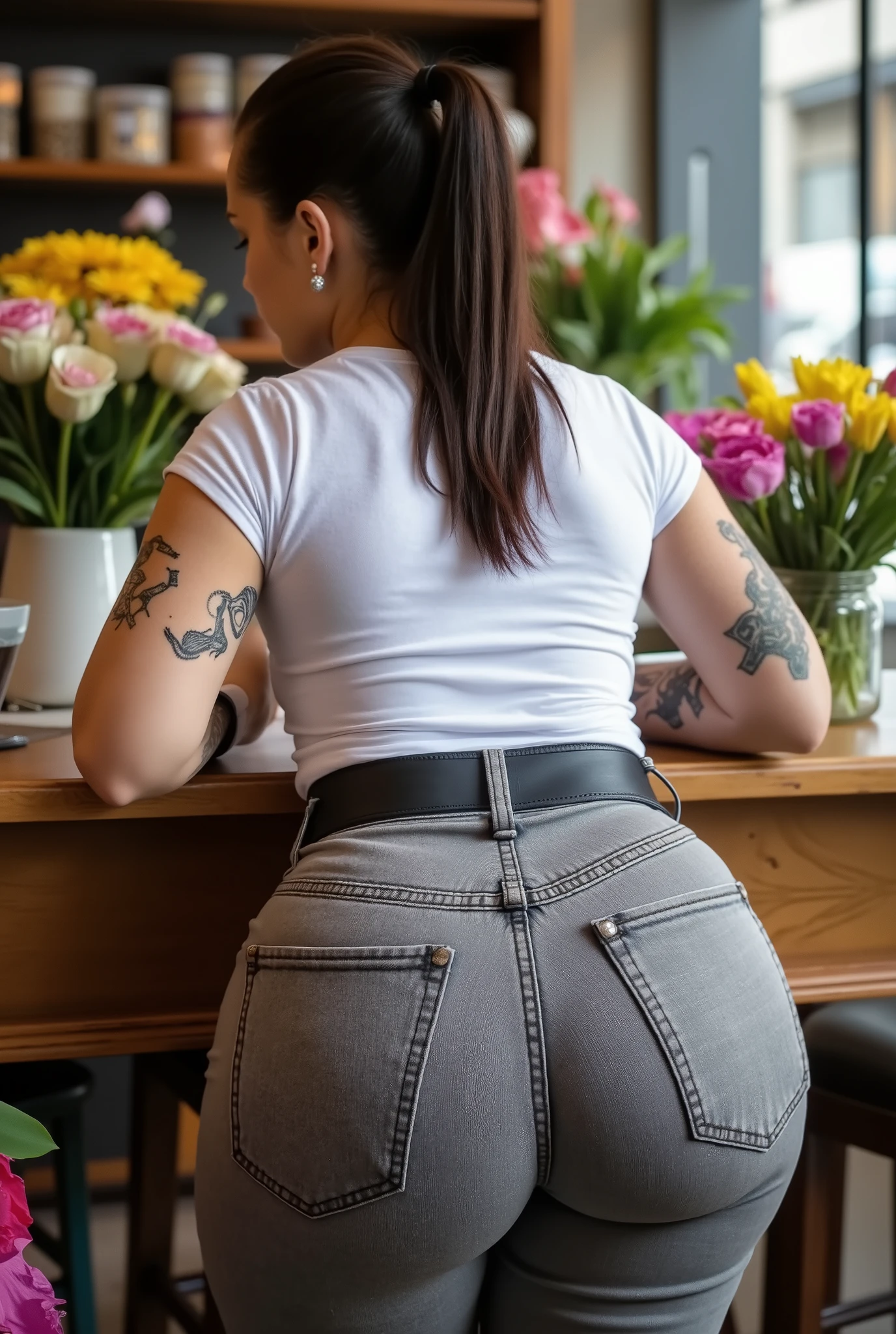 back photo,big ass,high angle,bending over a table,assbend,focus on her ass,asspy,round big ass,photorealistic, full body shot, one white european caucasian mature woman, stout figure, soft body, slim waist, wide buttocks, true rear shot, woman facing away, wearing white t-shirt tucked in, wearing stone-washed jeans with a black belt, pictogram tattoos on her arms, completely straight and sleek dark brown hair bound in a long ponytail, in a flower shop, woman leans over the counter, daylight, ultra high resolution, 8k, ultra high detail on skin and fabrics