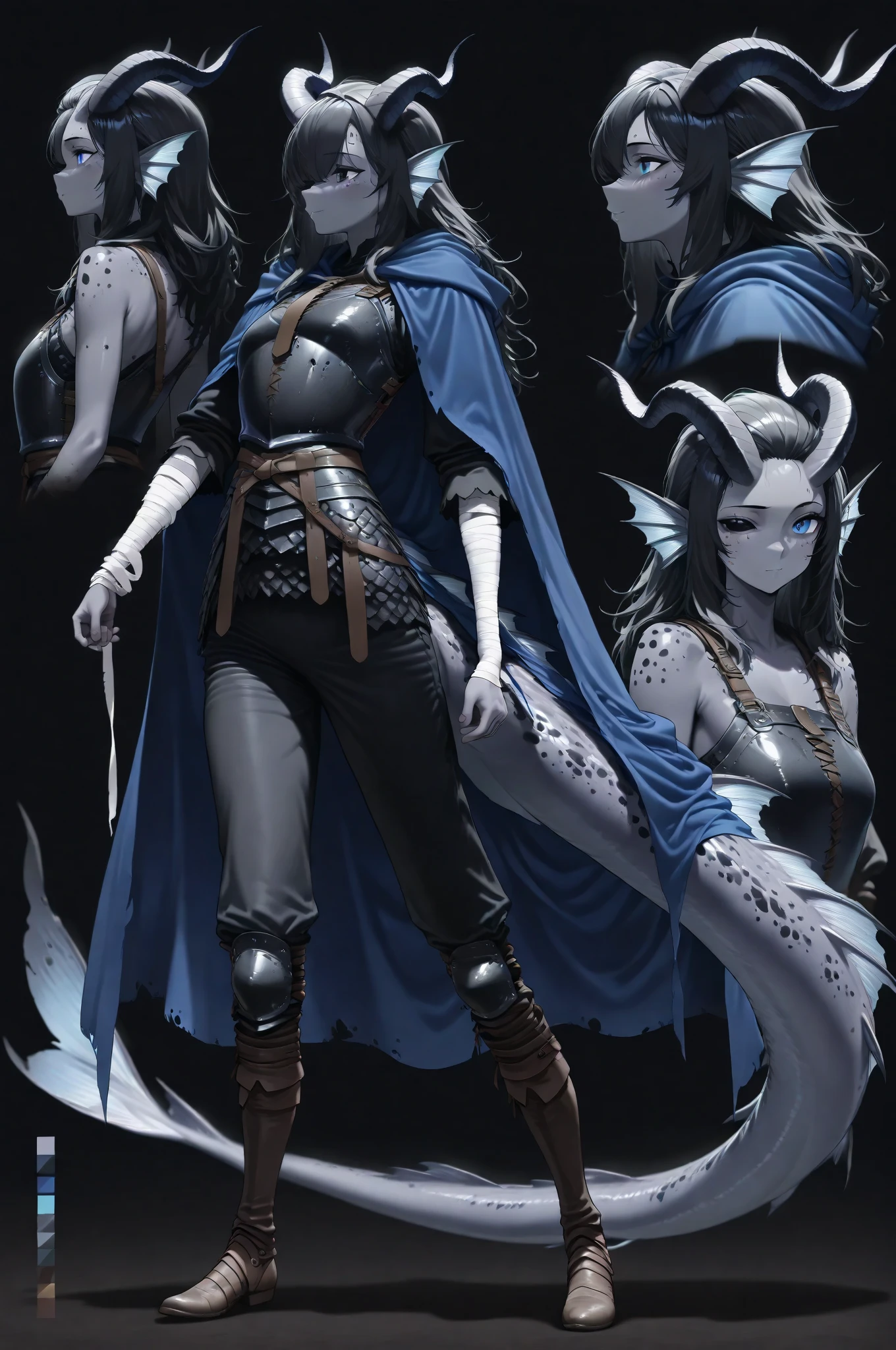 Kedra, portrait from the  up, adult girl one eye is all black, and the other is a bright blue,  dark blue-gray skin  ,  fins on the head, horns on head, (beautiful detailed face), black hair, riveted leather armor on the , dark medieval canvas pants with ties tied to the side, blue cape with back, hand bandages only, tail at the back ending in a leafy sharp end, full face and profile portraits, (color guide :1.2), (multiple views in a dynamic pose:1.2) , (full body), Dark background, simple Dark background, (masterpiece, лучшее качество).