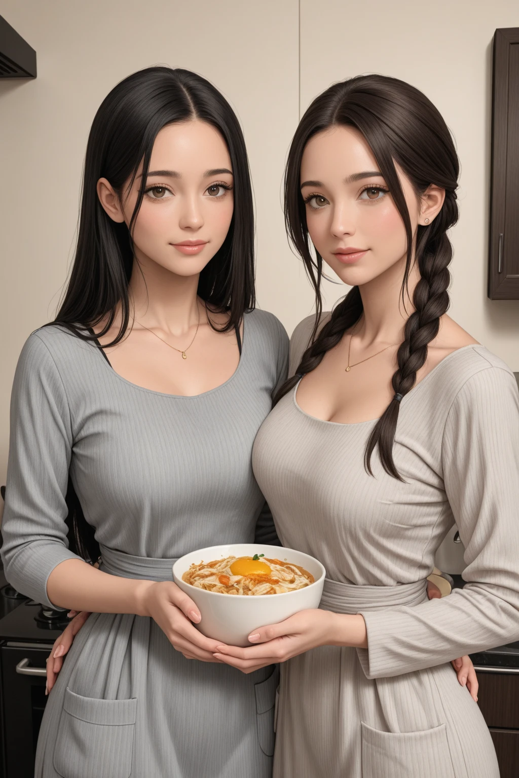 1 girl, a woman with tattoo, (([red|black] hair)), long hair, wearing a black apron (apron:1.2), cooking, cute smile, look at viewer, kitchen, cake and pie on background,  indoors, (soothing tones:1.0), (hdr:1.25), (artstation:1.2), dramatic, (scenery:1.4), (intricate details:1.14), (hyperrealistic 3d render:1.16), (filmic:0.55), (rutkowski:1.1), (faded:1.3), (Huge breast:1.4), (better hand, better arm)