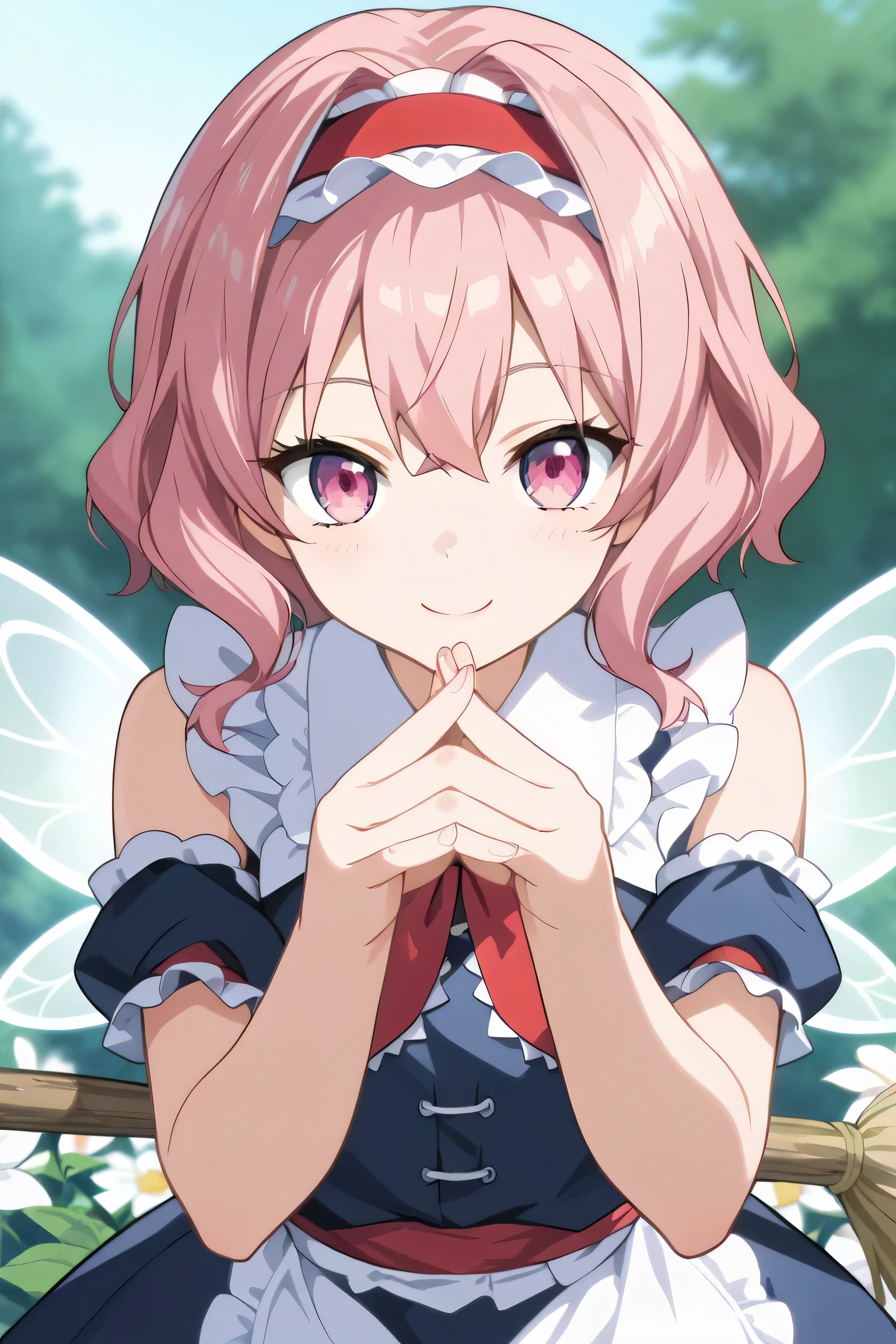 score_9, score_8_up, score_7_up, source_anime,absurdres, highres, masterpiece, best quality, amazing quality, official anime artwork, screencap, anime screencap, outdoors, looking at viewer, cute smile, Scarlet devil mansion, day,ai shindou, alice Margatroid,1girl, solo, pink hair, middle hair, pink eyes,fairy wings, broom,black maid uniform, collared maid uniform, white blue maid uniform, detached sleeves, wide sleeves, blue skirt, frilled skirt, cute pose,