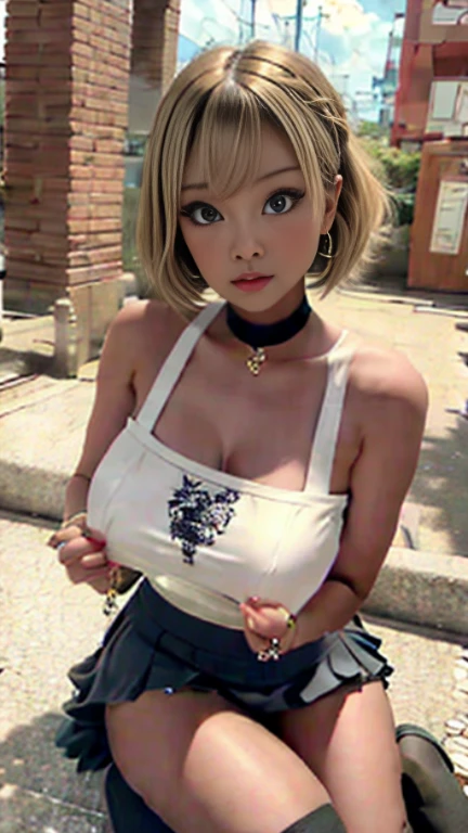 day,realistic, 8K, (photorealistic:1.4), best quality, ultra-detaile, 1girl, smile, big breasts, cityscape, photon mapping, radiosity, physically-based rendering, sfw, white_bare_shoulders, belt, black_shorts, blonde_hair, purple_eyes, bra, breasts, cleavage, cowboy_shot, crop_top, jewelry, pink_lips, long_sleeves, looking_at_viewer, midriff, navel, necklace, off_shoulder, panties, realistic, short_shorts, shorts, solo, underwear,pink_highlight, tan,tanlines, shiny, shiny_skin,<lora:yukinochill:0.6>, <lora:japaneseDollLikeness_v10:0.35>,abs, green nails,