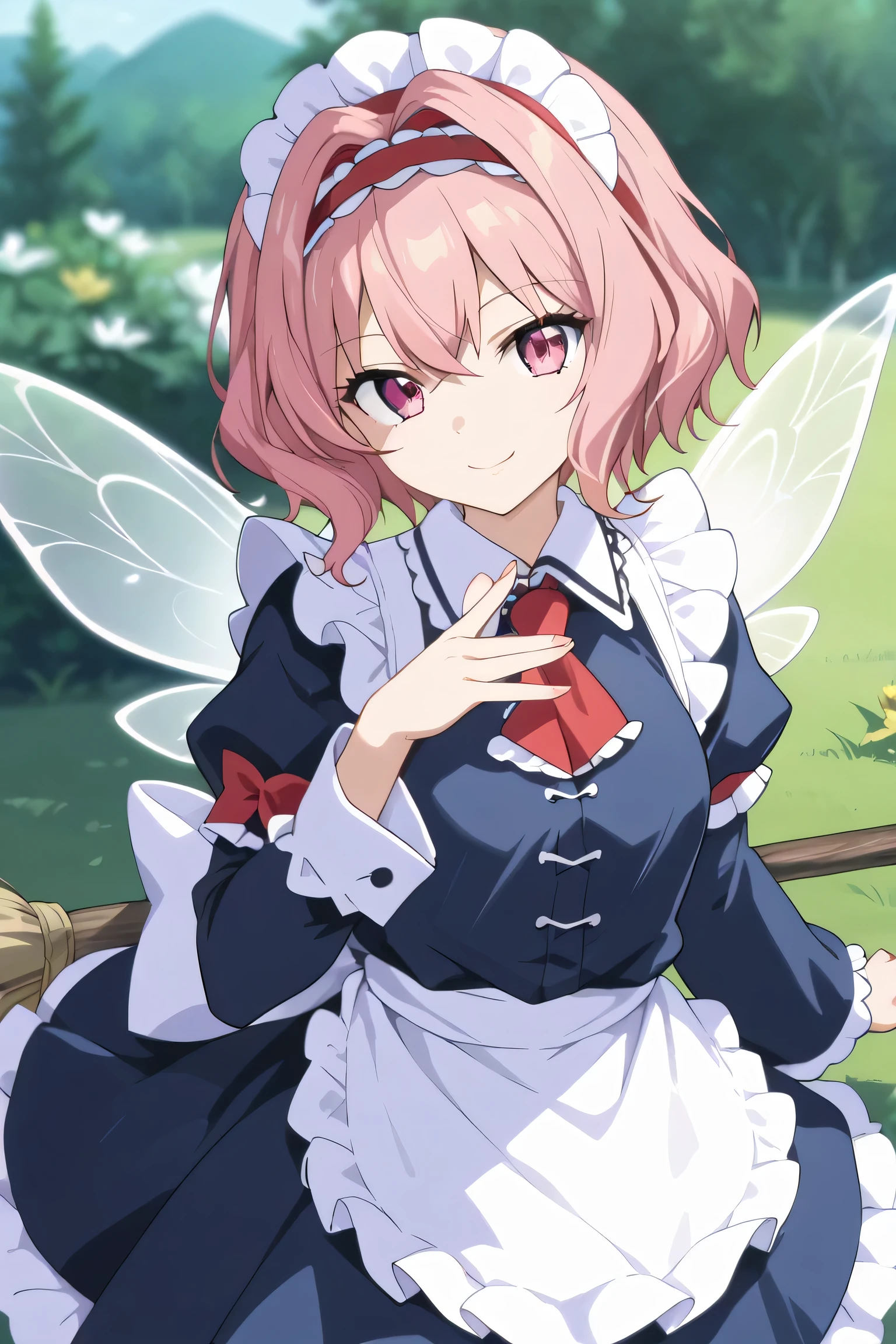 score_9, score_8_up, score_7_up, source_anime,absurdres, highres, masterpiece, best quality, amazing quality, official anime artwork, screencap, anime screencap, outdoors, looking at viewer, cute smile, Scarlet devil mansion, day,ai shindou, alice Margatroid,1girl, solo, pink hair, middle hair, pink eyes,fairy wings, broom,black maid uniform, collared maid uniform, white blue maid uniform, detached sleeves, wide sleeves, blue skirt, frilled skirt, cute pose,