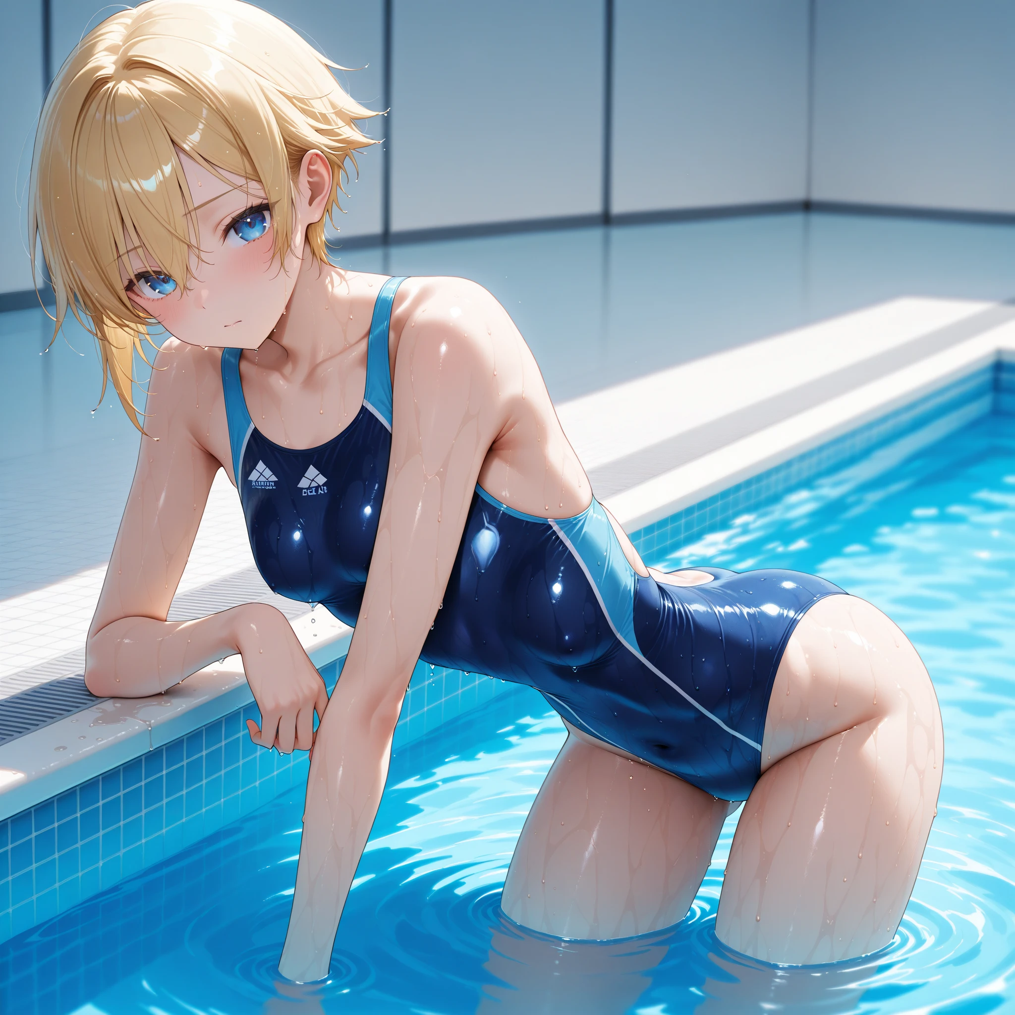(best picture quality, 4K, high quality, masterpiece::1.2), ((masterpiece)), high detail, high quality, best picture quality, ((high quality, nsfw, showing armpits, embarrassed, spread legs, squatting)), cute, (early teen girl in a competition swimsuit with pantyhose at poolside in the indoor pool), full body, loli, short height, medium breasts, bokeh, DOF, Portrait, evil grin, open stance, (cute illustration:1.2), high-resolution, ultra-detailed, best-quality, bare-shoulder,