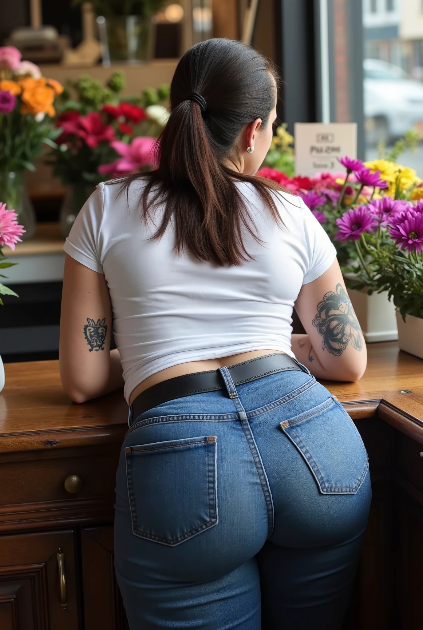 back photo,big ass,high angle,bending over a table,assbend,focus on her ass,asspy,round big ass,photorealistic, full body shot, one white european caucasian mature woman, stout figure, soft body, slim waist, wide buttocks, true rear shot, woman facing away, wearing white t-shirt tucked in, wearing jeans with a black belt, pictogram tattoos on her arms, completely straight and sleek dark brown hair bound in a long ponytail, in a flower shop, woman leans over the counter, daylight, ultra high resolution, 8k, ultra high detail on skin and fabrics