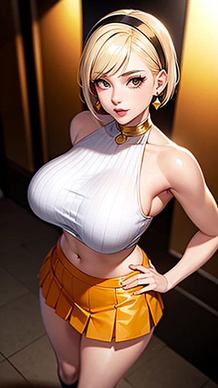 Masterpiece, Ultra HD, Ultra HD 8K, (((One woman))), Mysterious and fantastic image, Fantasy, Anime, (((White colored tank top and mini skirt))), Perfect voluminous body, (((Light Blonde hair))), (((Braided))), (((((Shining amber yellow Eyes))))), (((highlight on eyes))) (((Very long eyelashes))), She is very friendly and enjoys walking around the city (((Very cute smile))), Ultra realistic sharp focus, (((Beautiful body style, very big breasts, beautiful legs, wet and Shiny pearly brown skin, beautiful standing pose, earrings, necklace, bangle, ring))), Seaside town background