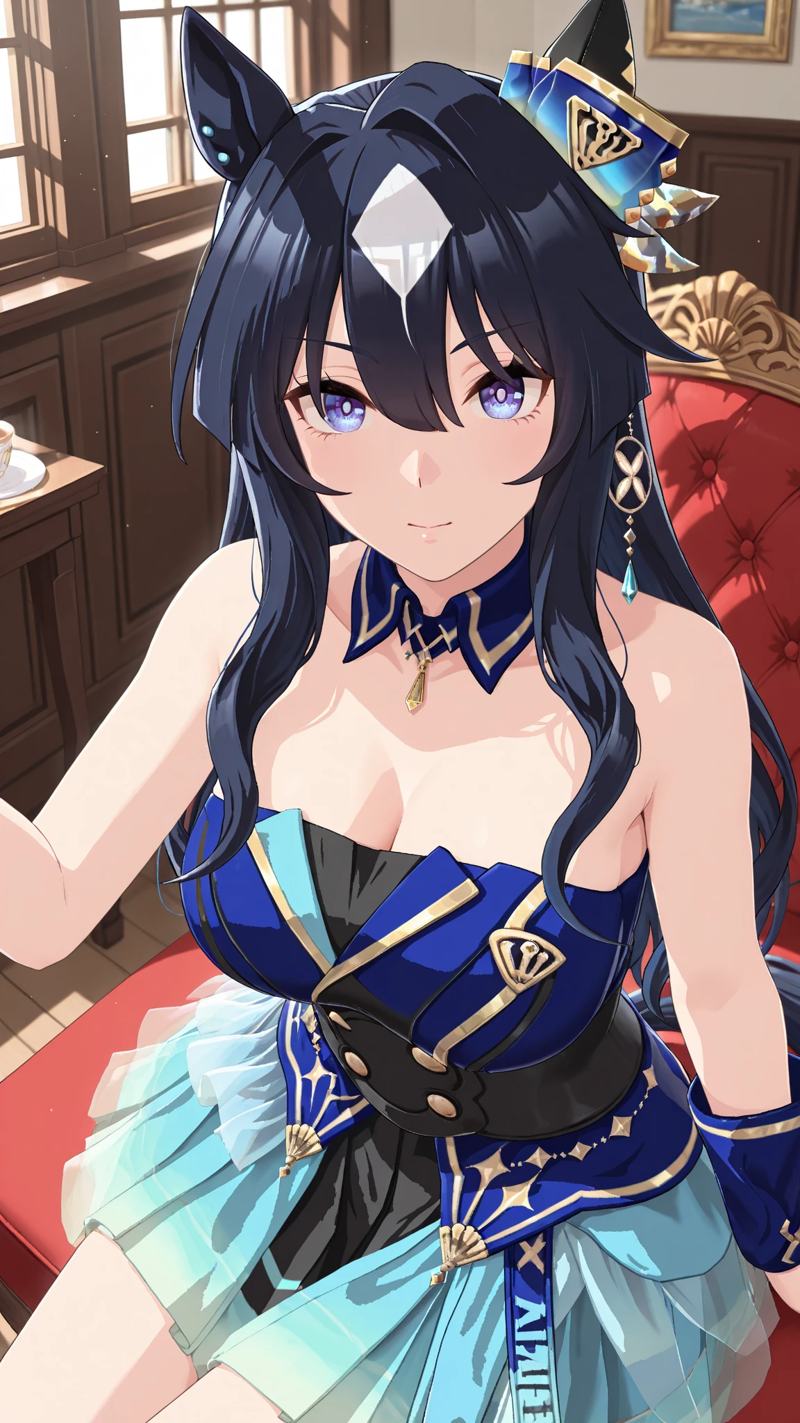 ((Highest quality)), ((masterpiece)), (detailed), （Perfect Face）、The woman is Reika Aoki, with midnight blue, medium-long hair, dressed in a luxurious and provocative sex slave outfit and lavish accessories.、A woman becomes the property of the master who bought her.、The woman clings to her master and serves him sexually as a sex slave.、The woman has been trained and thoroughly educated by her master to become a perfect sex slave.
