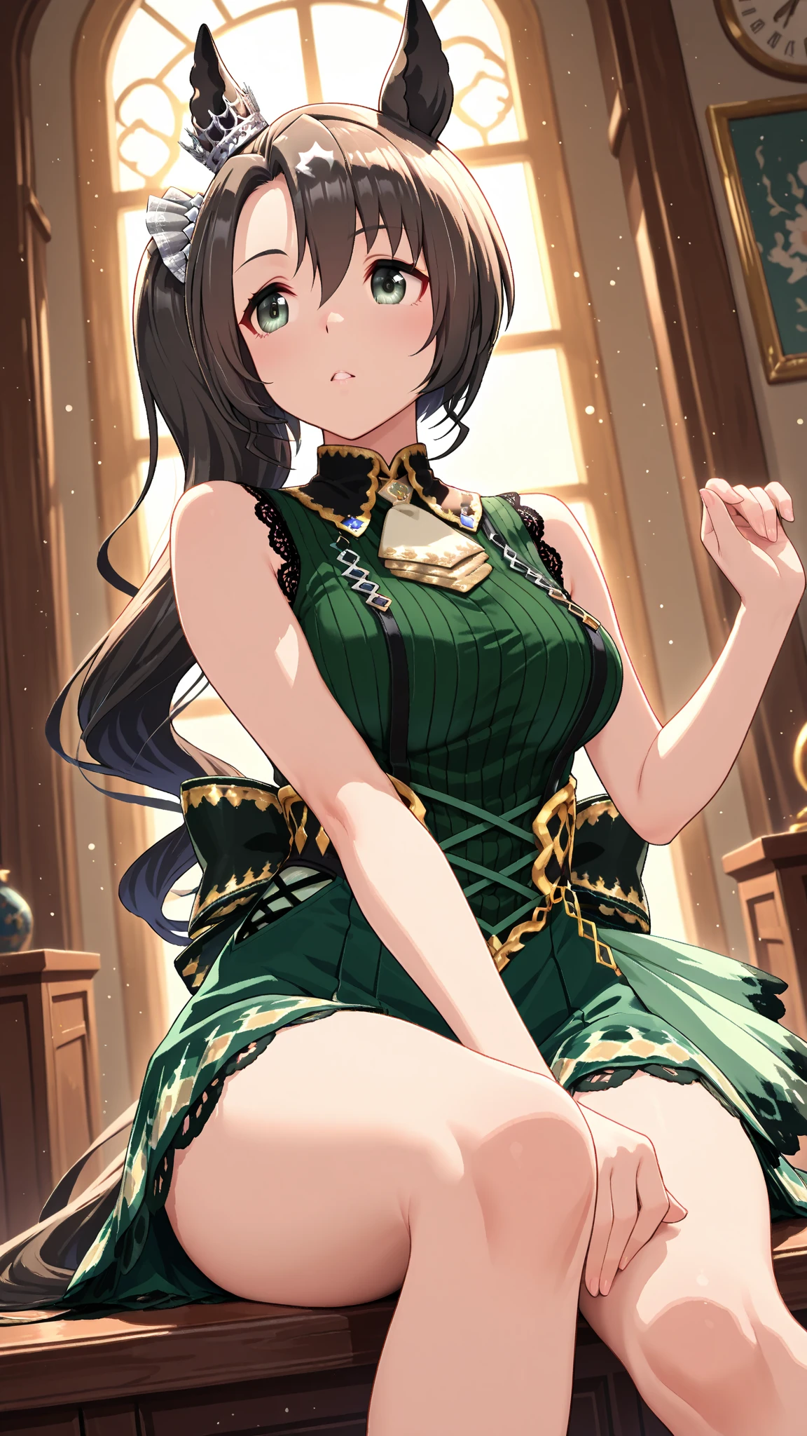 (top quality, masterpiece, high quality, ultra-delicate), ((beautiful girl)), ((Dark black hair)), sexy mature, graceful curves, (long hair, long bangs), ((bright green eyes)), sleeveless, detailed eyes, bangs, ((short top, mini skirt)), nipple large breast and chest, no collar, small blush, in a bedroom, ((thick thighs and hips)), breast, green earrings, no halter, cleavage.