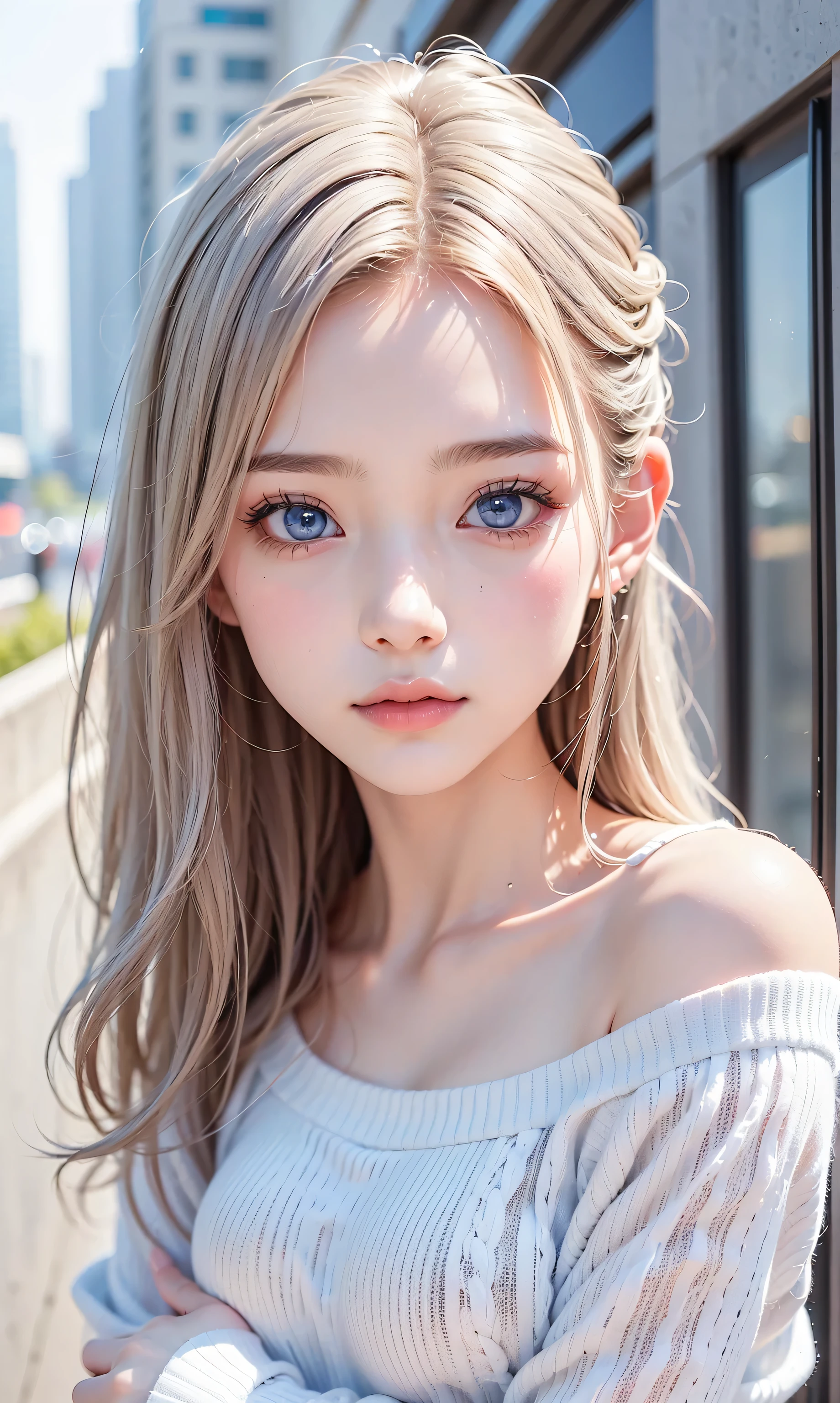 A perfectly beautiful face、Super long messy silky beautiful blonde、Beautiful cute girl 15 years old、Sexy and very beautiful cute face、Beautiful cute sexy bright pale sky blue big eyes、Long beautiful bangs、Very super long beautiful blonde shiny silky hair、Very white skin、Cheek gloss、Glossy skin、eyeliner、A peerless beauty、Hair above the eyes、片Hair above the eyes、Hair between the eyes、