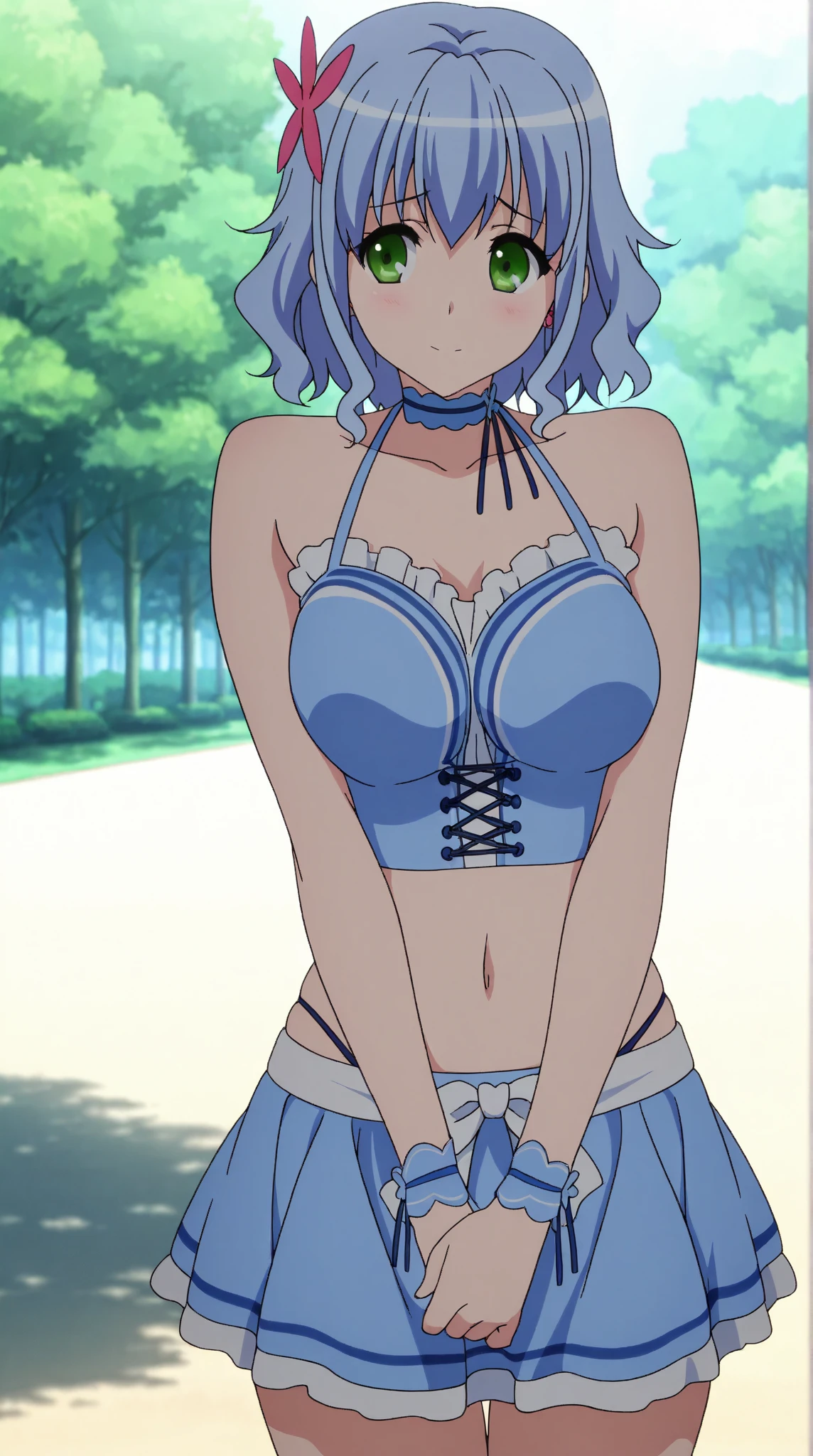 all realistic intricate details, cowboy shot, masterpiece, best quality, highres, rem1, 1girl, solo, rem \(re:zero\), blue hair, short hair, red eyes, hair over one eye, ribbon trim, hair ribbon, x hair ornament, frills, crop top white, denim shorts,medium breasts, cleavage, sedection pose , hair flower, outdoor, standing, smile, perfect background, perfect light