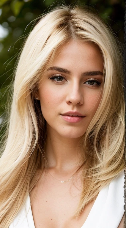 23-year-old blonde woman, ((hiperrealismo)) ,. blonde hair with light brown roots. cabello rubio, Hair with brown roots, cabello extra largo, cabello muy largo, really long hair, ponytail hair, Beautiful, Front view, selfie, photo taken with iPhone, elegant black shirt with escote, escotada, walking, having her picture taken at a music festival, depth of field, high quality, realistic, cleavage