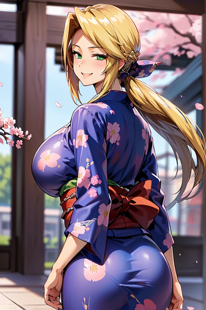 TohruDM, WTail, 1girl, full body, Woman body set big breasts, Stretch meat, kimono, obi, black kimono, red obi, wide obi, cleveage, busty, big, no panties, no bra, beautiful alluring anime woman, seductive anime girl, artwork in the style of guweiz, japanese dress, trending on cgstation, guweiz on pixiv artstation, with ancient japanese clothes, blond hair, smiling, dragon tail, happy girl, 2 hands only, sakura blossoms, cherry flowers, cherry blossoms, cherry tree, cherry tree in background, covered breasts