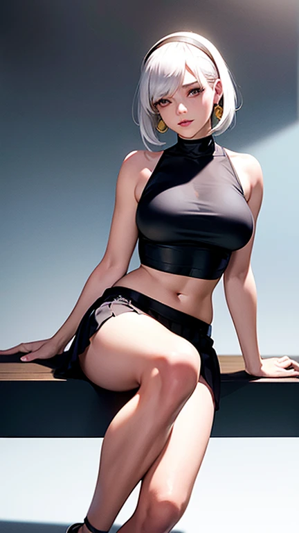 girl with white hair and blue eyes sitting on a red couch, seductive girl, perfect white haired girl, beautiful girl squatting, the girl is crouching, chloe price, best girl, beautiful alluring teen, teasing smile, rogue girl ayanami rei, she has a jiggly fat round belly, thicc