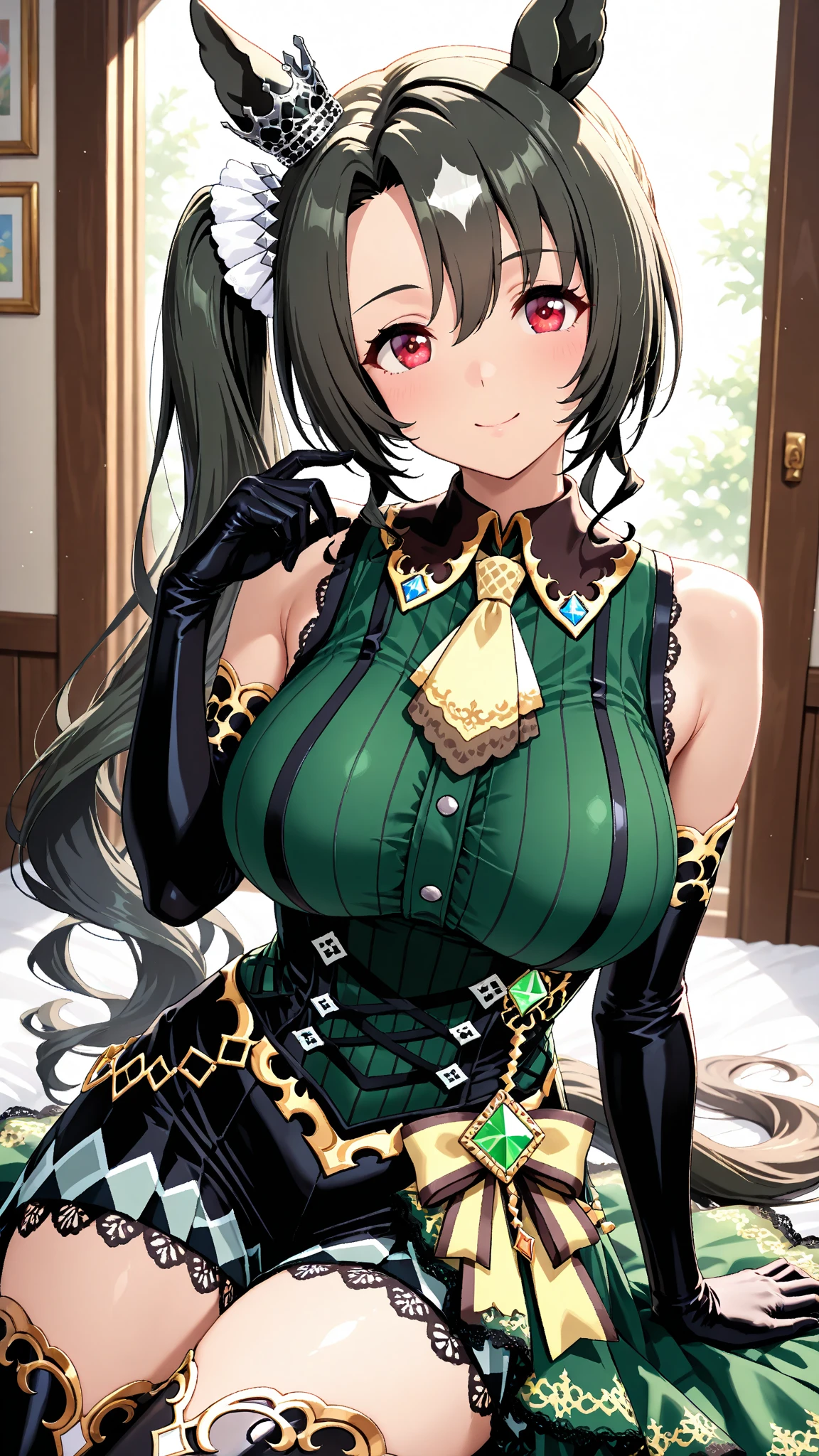 1girl, fox girl, fox ears, fox tail, dark brown hair, green eyes, sexy, mommy, thick thighs, enormous breasts, hard , sfw, dress, mature woman, enormous cleavage, maid costume,