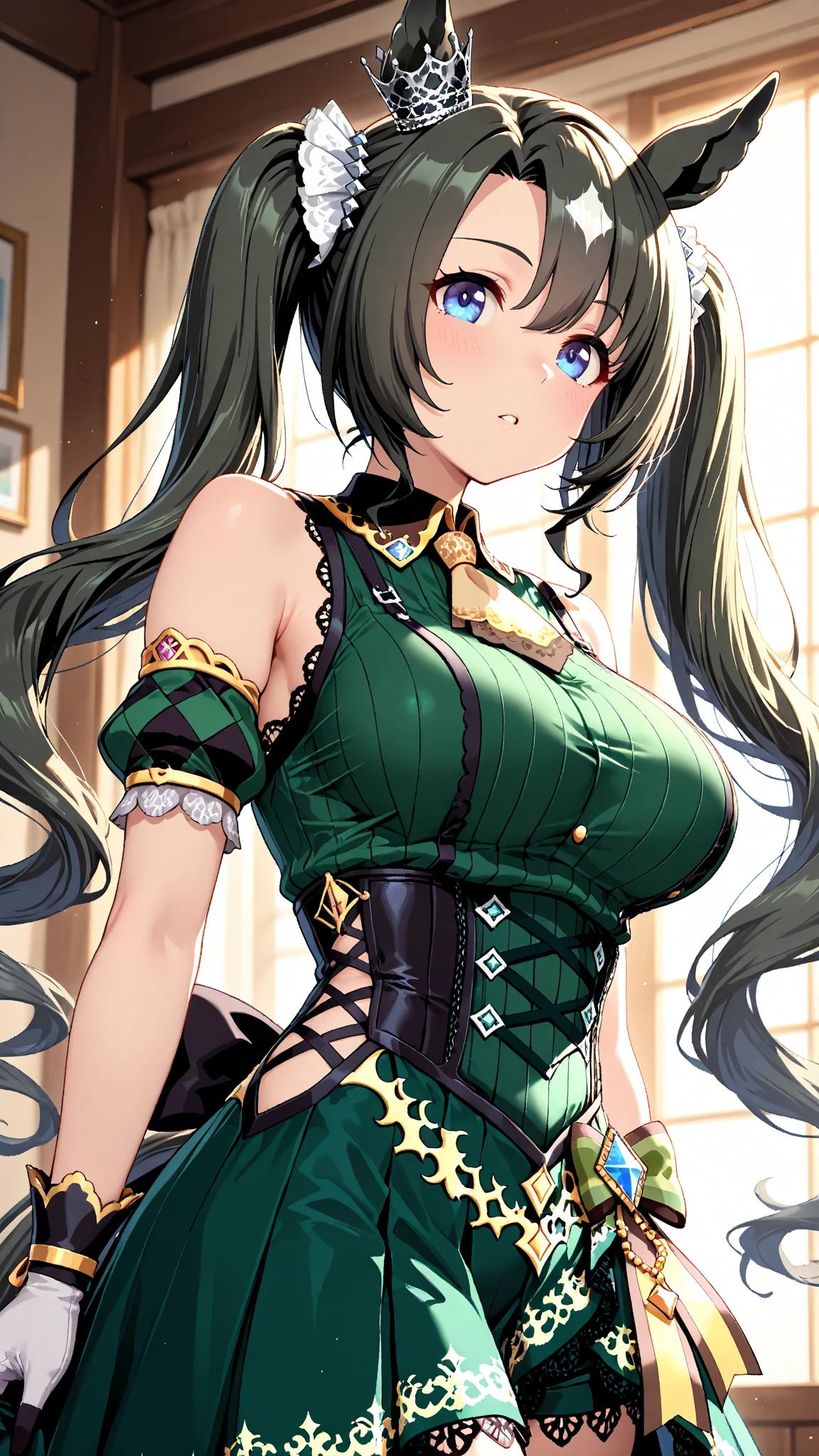 highest quality, ultra high resolution, super detailed, gorgeous, masterpiece, best quality, high resolution finely detailed, extremely beautiful, distinct image, ((identical twins)), cotton button front ribbed lounge romper, ((best quality)) ((best quality)), ((masterpiece)), (detailed), 4k image, anime style, beautiful young girl, teenage girls, fair white skin, oval shaped face, seductive and sharp facial features, astonishing sex appeal, curly hazel-brown hair, slim, curvy body, green eyes, full lips, medium height, large breasts,
