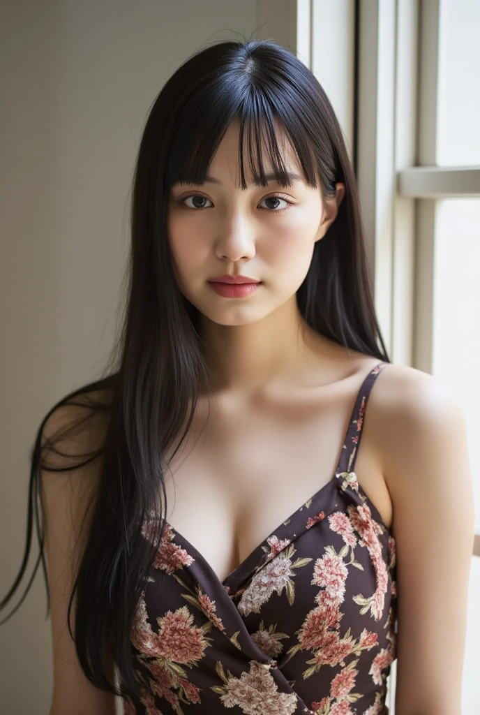 ((best quality)), ((masterpiece)), (detailed), 1girl, beautiful straight black long hair , seductive gaze , perfect body ,standing position , sexy poses , Floral kimono , black bra , on the garden , Japan Old houses 