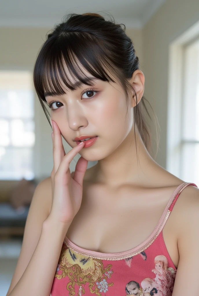 (((Beautiful girl small breasts))),10age、Happy expression、 Wearing a sturdy jacket, Long hair with a loose perm, ,Cyberpunk Red Green Background、(((Upper body naked))),,Young face,Thin lips、Young 、Sweaty,blunt bangs, hair over shoulder, hollow eyes, light smile, blush, depth of field, , feet out of frame, uhd, anatomically correct, best quality