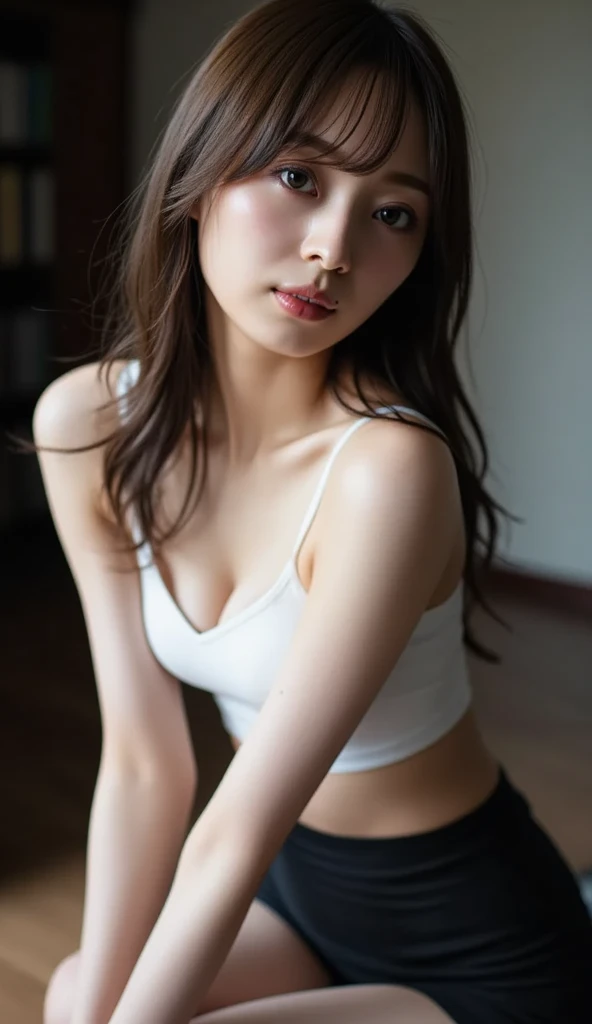 Dark brown hair、Light brown eyes、Japanese actress、 Lady、I am about 40 years old.........、(Intricate details:1.2)、 (Ultra-high resolution:1.2)、Ultra-high resolution、(Fine-tune)、(Detailed facial features)、Hmph、8k resolution、D cup size breasts、Long Hair、Bright terrace room with sunlight streaming in、Large windows、Extravagant space、relax、、,Full body photo、Head to toe shot、Beautiful feet、black Loose fit openwork T-shirt、Underwear shorts、Beautiful feet、Bright terrace room with sunlight streaming in、she, household items, (plant:0.8), Fashion Hub, Very detailed, Very detailed, Realistic, Hourglass Shaped Body, Obscene pose,、Messy Hair、Messy ponytail、Leaning against a wall、I cry a lot、tears、Skin is visible through the knit、White floor、White wall、A masterpiece of transparent painting、