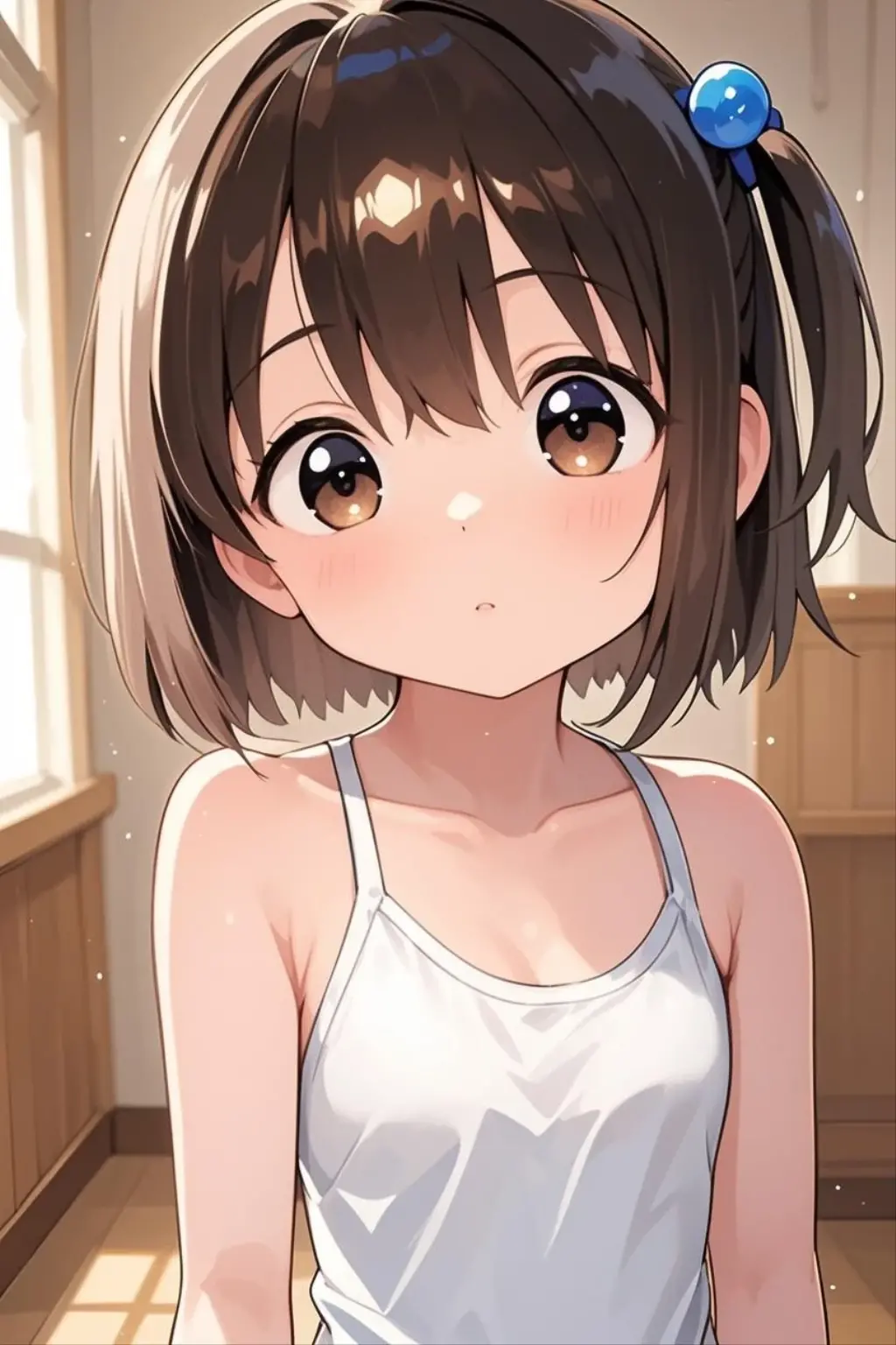 Beautiful young girl , Beautiful round breasts,Bust up front,Beautiful upturned breasts,G-Cup, Narrow waist,Brown skin,Short Bob,Baby Face, bikini top,(((Enlarged view of the upper body))),View from the front, Cleavage is clearly visible,Keep your head upright and smile,ID photo