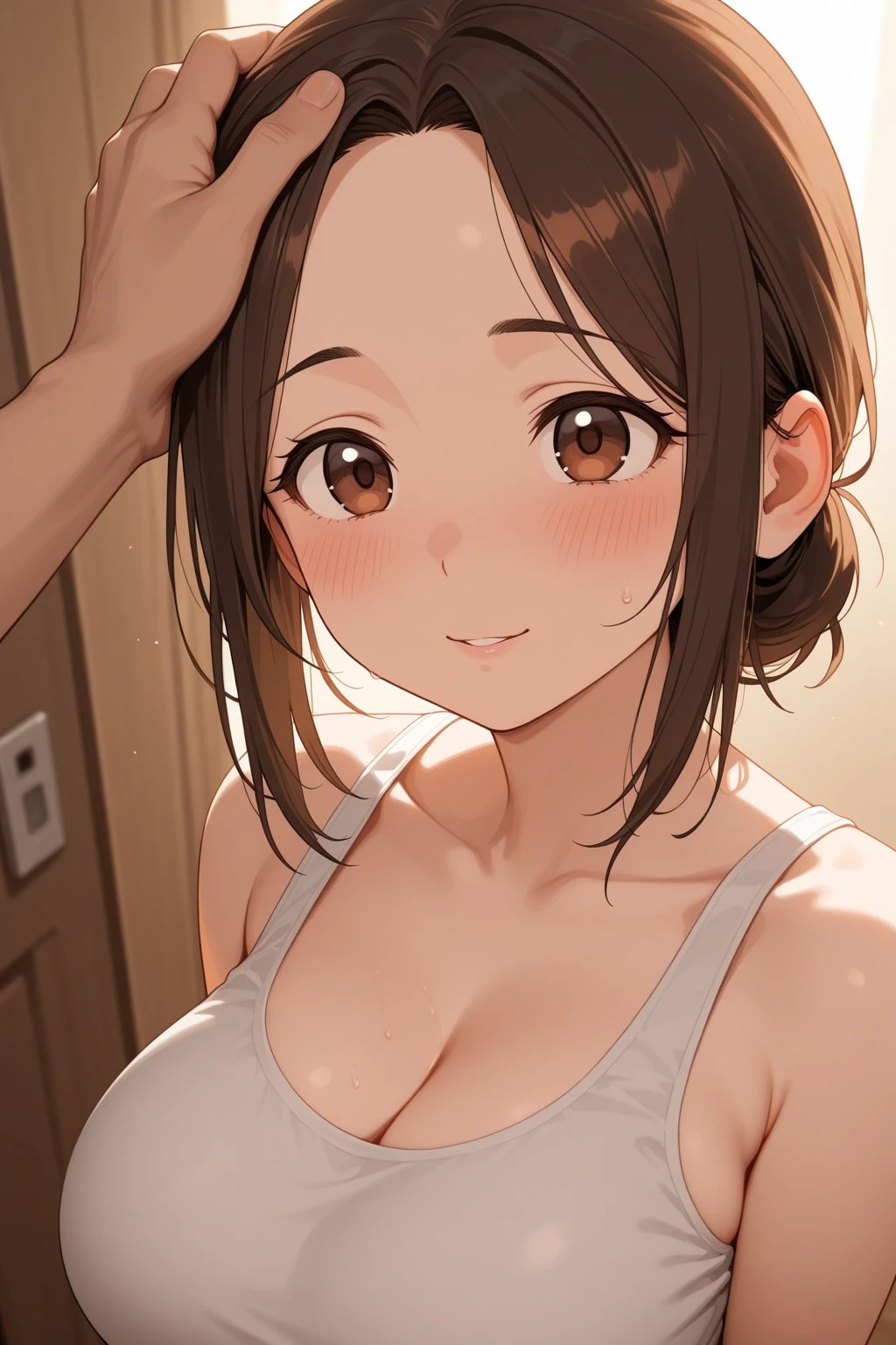 Selfies perspectiva, A beautiful detailed portrait of Ochako Uraraka from My Hero Academia, with large breasts, posing in a selfie against a plain white background, elegant and graceful, highly detailed, photorealistic, 8k, masterpiece, intricate details, realistic skin texture, beautiful lighting, soft focus, dramatic shadows, dynamic composition, cinematic color palette, chiaroscuro, dramatic lighting, nude, pechos enormes