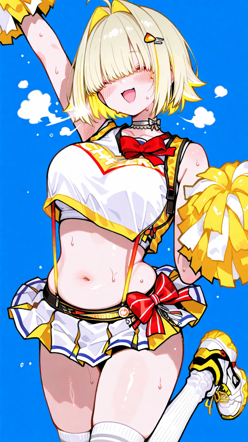 Mother, blond short hair, (topless:1.3), blue eyes, smile, cheerleading, pregnant, wearing skirt