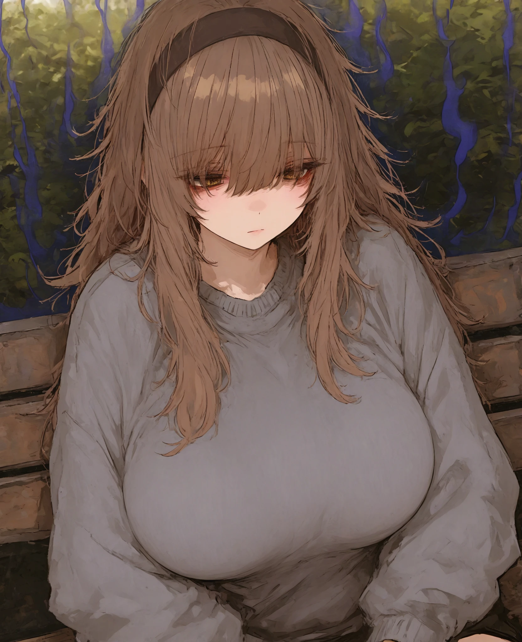 anime image, detailled image, 1girl‚ brown eyes‚ beautiful eyelashes‚ (chestnut hair)‚ (chestnut hair curto), (chestnut hair curtos e cacheados), (Messy hair) black clothing, sitting on a bench, breasts big, thick thighs‚ pastel and vibrant colors, lineart, Simpler