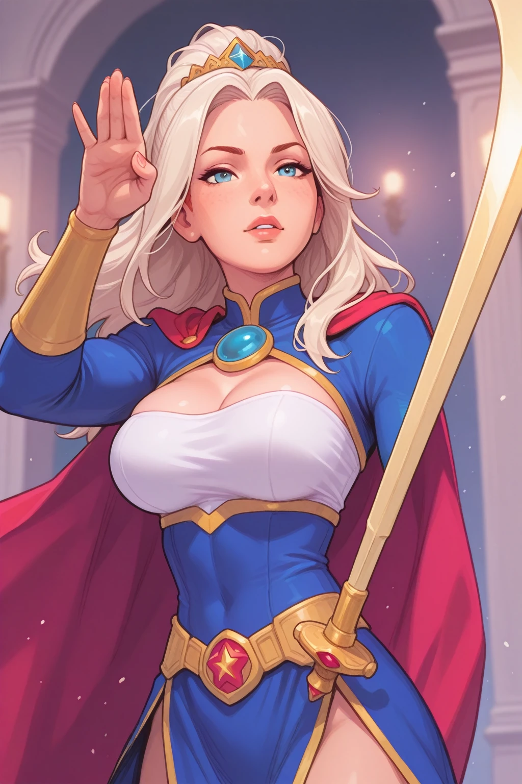 Lian, long white hair, hair stick,bangs,blue eyes, solo, smiling, standing, upper body, hips, bare shoulders,purple thighhighs,red dress, gold jewelry,armor,gloves,circlet, cleavage, red and gold royal castle, gigantic breasts, (best quality, masterpiece, beautiful and aesthetic:1.2, highest detailed face, perfect face,)  eyes, perfect face,expressive eyes,
looking at viewer, in the center of the image,(Upper_body),(Focus on her face),
official art,extremely detailed CG unity 8k wallpaper, perfect lighting,Colorful, Bright_Front_face_Lighting,shiny skin, 
(masterpiece:1.0),(best_quality:1.0), ultra high res,4K,ultra-detailed
