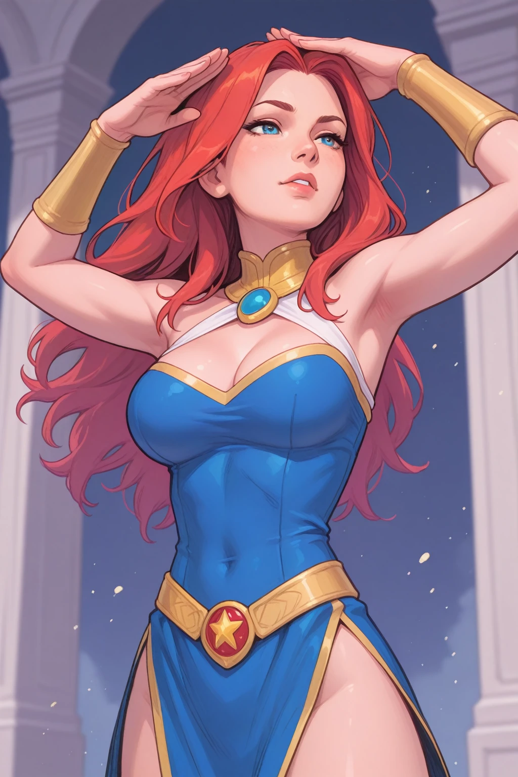 masterpiece, Sexy, Superheroine, Red hair, long hair, busty, ((blue highleg leotard with a t-back thong and a gold star insignia on chest)), gold boots, gold gloves,