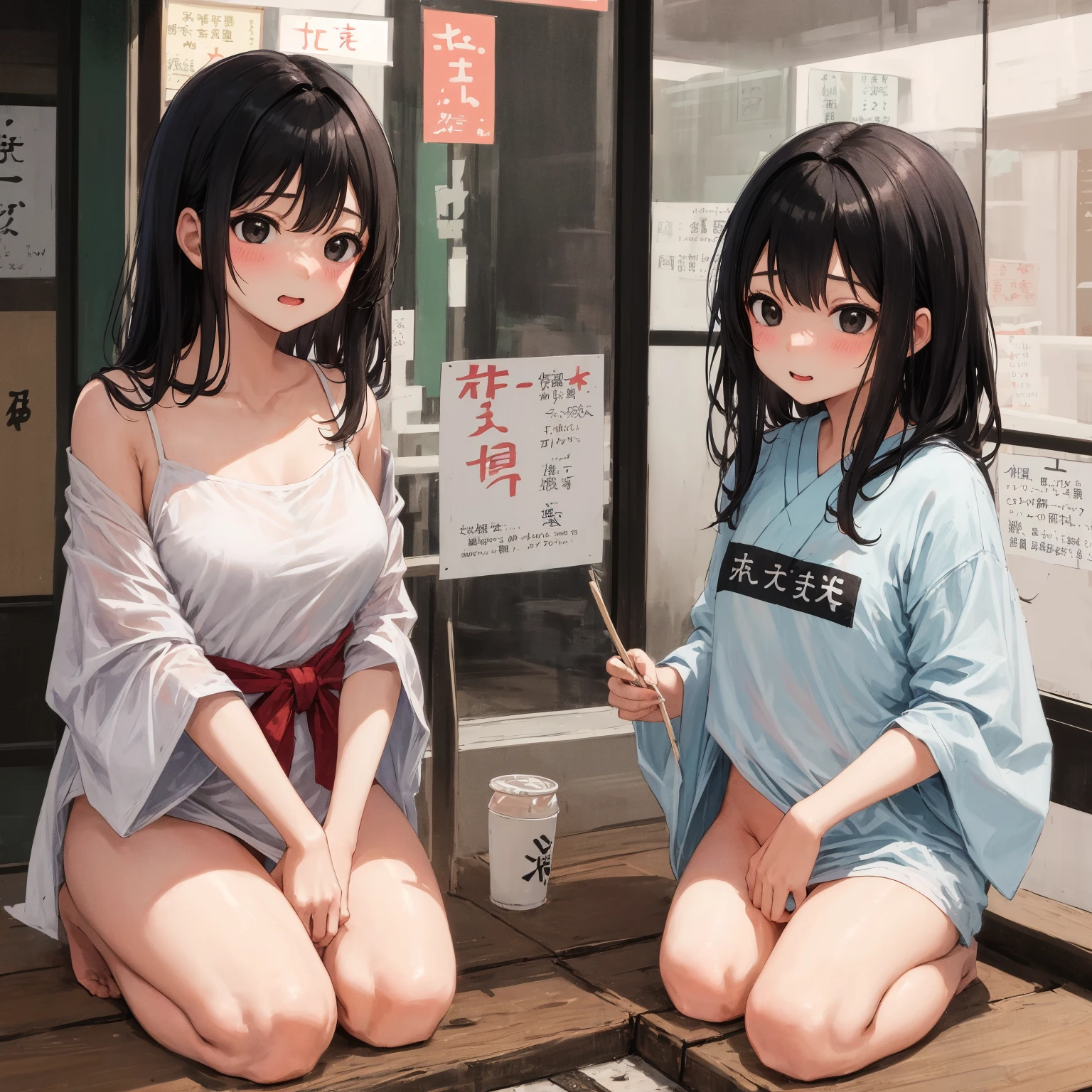 ((masterpiece, best quality, ultra quality, high quality, hyper detailed, intricate detailed, perfect anatomy, shiny skin)), ((upper body:1.2)), (three women are posing for a camera:1.4), In the arcade, (Lift up your camisole), (full nude:1.4), (smile, shy, red cheek, blush:1.2), (Open your mouth:1.6), (Stand in line) , brown hair, blond hair, navel, jewelry, looking at viewer, necklace, long hair, short hair, Abdominal muscles,  straight hair, bob cut, blunt bangs, silky hair, hair clip, hair band, hair ribbon, one-length haircut, ducktail, outward curled hair, French twist hair, twintails, side ponytail, single braid, wavy hair,