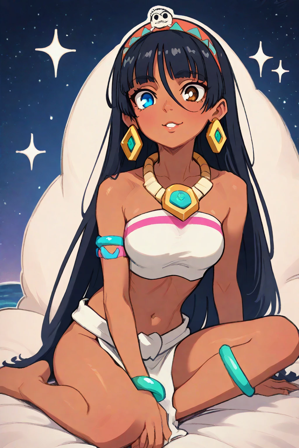 Generates realistic full-body images of people standing straight and facing forward,Realistic body image with anime style eyes,standing position,Arms face down,1 girl,alone,(Completely naked),(((ebony skin))),purple eyes,((blush)),black hair,long hair,(veil),((jewelry)),earrings,nipple,small breasts,belly button,((cat up)),moon,desert,skinny: 2.0,realistic,((concentrate on upper body)),(((small))), (((small))), change:1.4