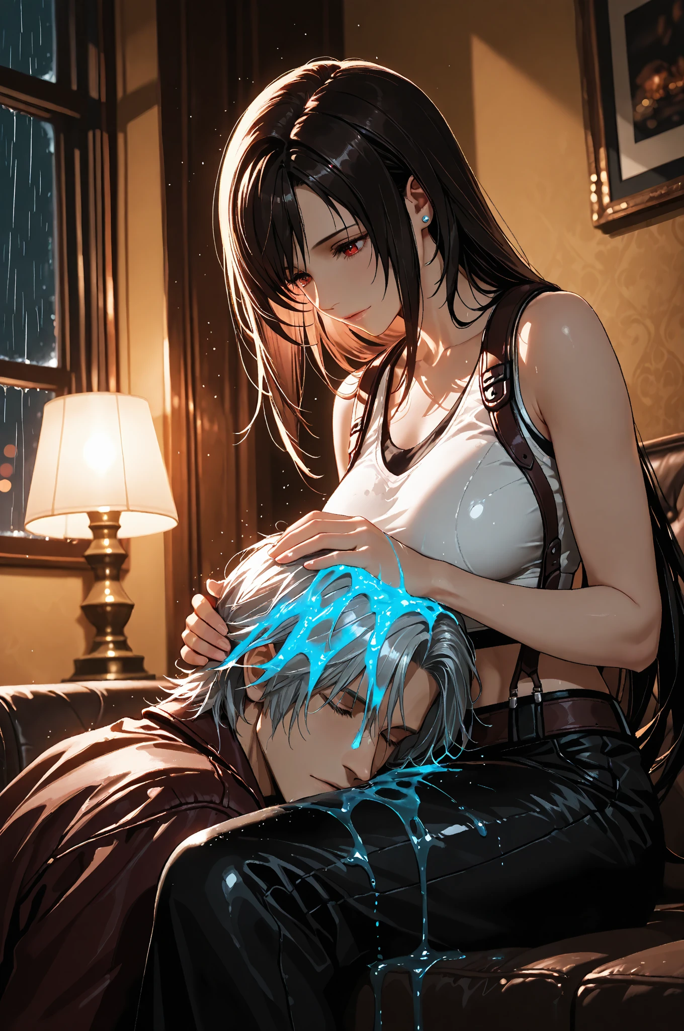 score_9、score_8_up、score_7_up,One girl、(((Tifa Lockhart)))、Dark fantasy、A little realistic:0.2、Perfect female body:1.3、Small waist、Kneel、Big Tits 1.1、Beautiful breasts、lips、Long Hair、eyeliner、Eye lashes、Detailed eyes、Mature Woman、sexy、Cool face、Staring at the audience、(Painful expression、Cum in mouth,steam:1.1)、blush、(Detailed Hair、bangs、Dark Brown Hair、Fluttering Hair)、Stone Wall、Dark dungeon background、Brown eyes、FF7、Silver Earrings、(black collar for slaves、Leather Harness Bondage Restraints、shibari、suspenders、Put your arms behind your back)、No correction、Sweaty、Wet、開いたlips、Upper Body、naked、(Plump nipples)、High resolution、high quality、最high quality、masterpiece、HDR、Highest production values、masterpiece、((blowjob、deep throat、Huge penis in mouth、(Woman swallows man&#39;s penis、Penis in her mouth、His hands are holding her head)、One man、A thick but not long penis、Vein Penis:1.1))、Cum on tits、Semen dripping from the penis、