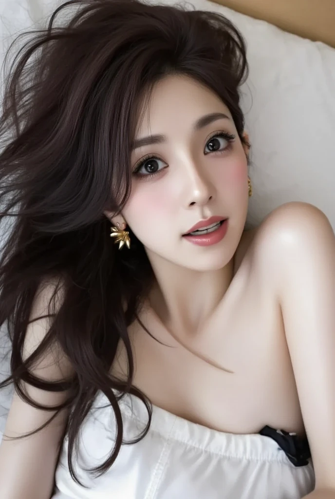 masterpiece, best quality, ultra-detailed, intricately detailed hyperdetailed, realistic, sharp features, highly detailed, sharp focus, Realistic, Photorealistic:1.3, (Japanese Idol), (19 years old:1.3), perfect face, perfect symmetrically eyes, perfect full lips, hyper detailed, hyper realistic, high resolution, Fashion Model, Slender, brown hair, Stylish, model poses, Beautiful Face, light brown hair, messy hair, Beautiful hairstyle, (seductive smile:1.2), (looking at viewer), cinematic lighting, (Close up portrait of woman lying in bed:1.5), Body Towel,