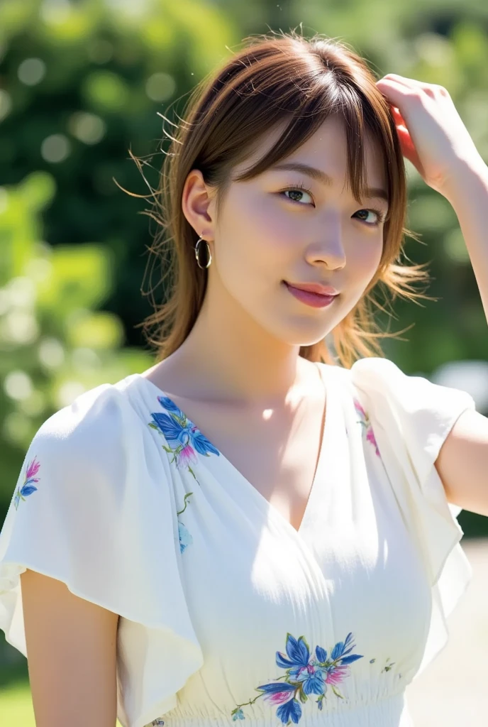 (8K, RAW photo, highest quality, masterpiece: 1.2), super detailed, super resolution, (genuine, genuine photos: 1.37), Portrait, High-definition RAW color photo, professional photos, Very detailed and beautiful new, very detailed, 8K wallpapers, amazing details, huge file size, official art, very detailed CG Unity 8K wallpapers, very detailed beautiful girls, very detailed facesHighly detailed eyes, very detailed skin, very detailed fingers, very detailed鼻, very detailed口, perfect , Very detailed background, Costumes with attention to detail, one girl, (18:1.2), teen, cute girl, famous japanese idol, cute, genuineistic body, , white skin, glowing skin, Because I'm slender, handsome body, brown hair, short curly hair, (dull bangs:1.2), smile, cute, like々New, cute new face, realistic face, delicate eyes, droopy eyes, camera's line of sight, cowboy shot, front, standing position, contrap post, dynamic lighting,

delicate body shape, The beauty of slim abs :1.2, thin waist :1.2, 
plump lips, glossy pink lips, flushed cheeks, ((white teeth)), 
Beautiful actress's ennui makeup, pink lipstick, 
dark brown hair, delicate soft hair, 
(hair up, medium short hair, ponytail:1.2), 
layer cut, (dull bangs:1.2), 
(stylish looking earrings,necklace,bracelet,shiny nail art), 
(((Shoot the whole body from the thighs, Pay attention to the lips:1.2))), 

(Dress up in a tight floral nightgown:1.2), 

((The crystal clear waters of a tropical resort, Immerse yourself in water up to your waist:1.2)), 
The midsummer sun shines on the whole, 

((look up)),
((squinting)), 
((pursing lips)),
((Pointy mouth)),
((blushing cheeks)),
((I'm enchanted)),
((body is wet:1.4)),
((Lower milk:1.4)),

((She is sitting  in a beautiful new position:1.4)), 
The  of the  is beautiful.:1.2, 
( shape, rich :1.4), 
It is a small pale pink ., 
(She has a cute plump , stick out your ),
