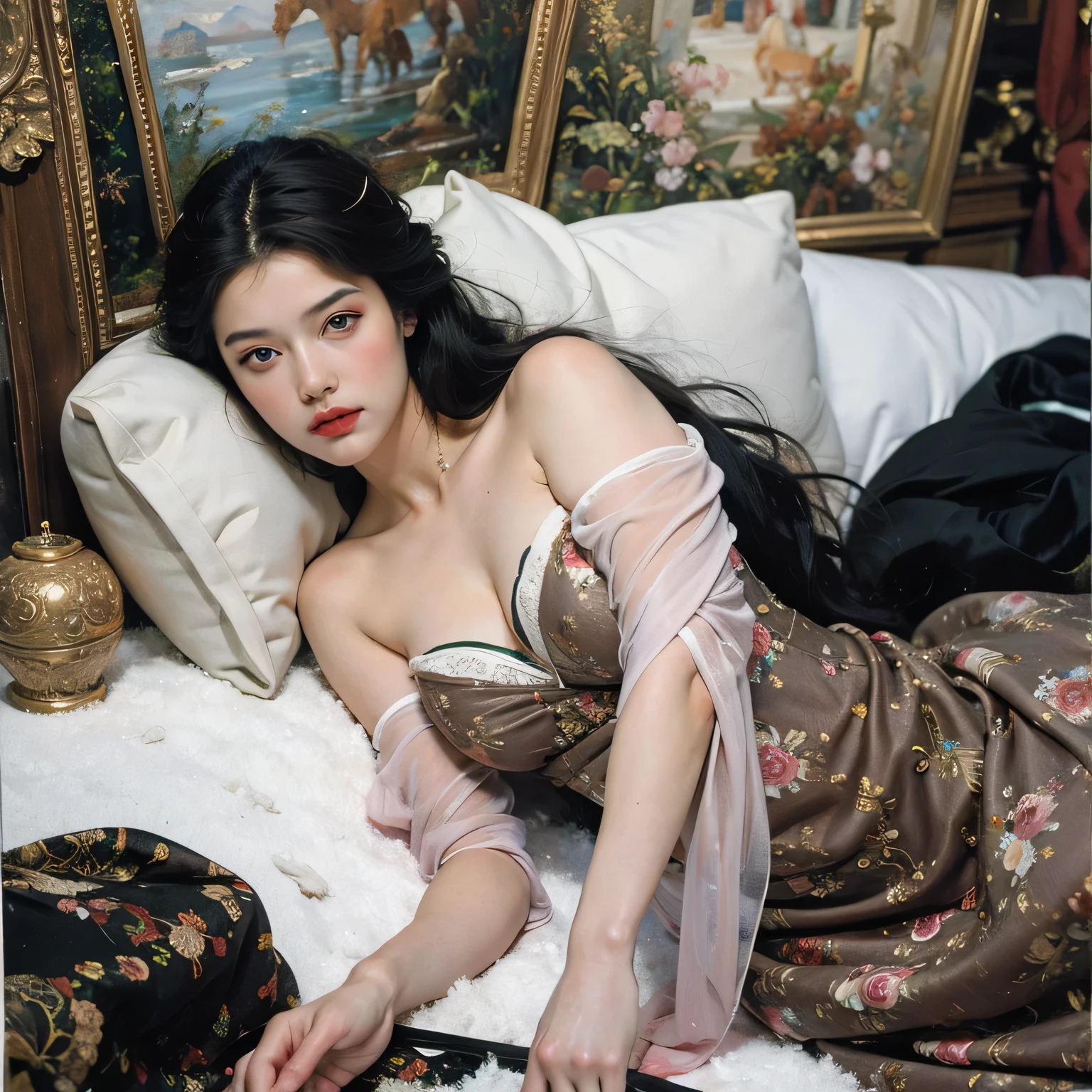 High quality, 8k, super sharp, super detailed, realistic, real camera, original photos, super high quality, high face details, high hair details, real life scenes, real colors.
1 girl, (solo), young beautiful girl, (very beautiful face), (detailed face), (beautiful eyes), (bright eyes), (beautiful nose), (wonderful lips), (perfect breasts), (perfect hand), (beautiful hand), (girl's hand), (perfect finger), (best finger), (Elongated legs), (beautiful legs), (perfect legs).
(Lying on a luxurious bed), (sleeping), (close eyes), (wearing the sexy royal dress), (sexy pose), window, light from the window, (top-down view), (full body shot)