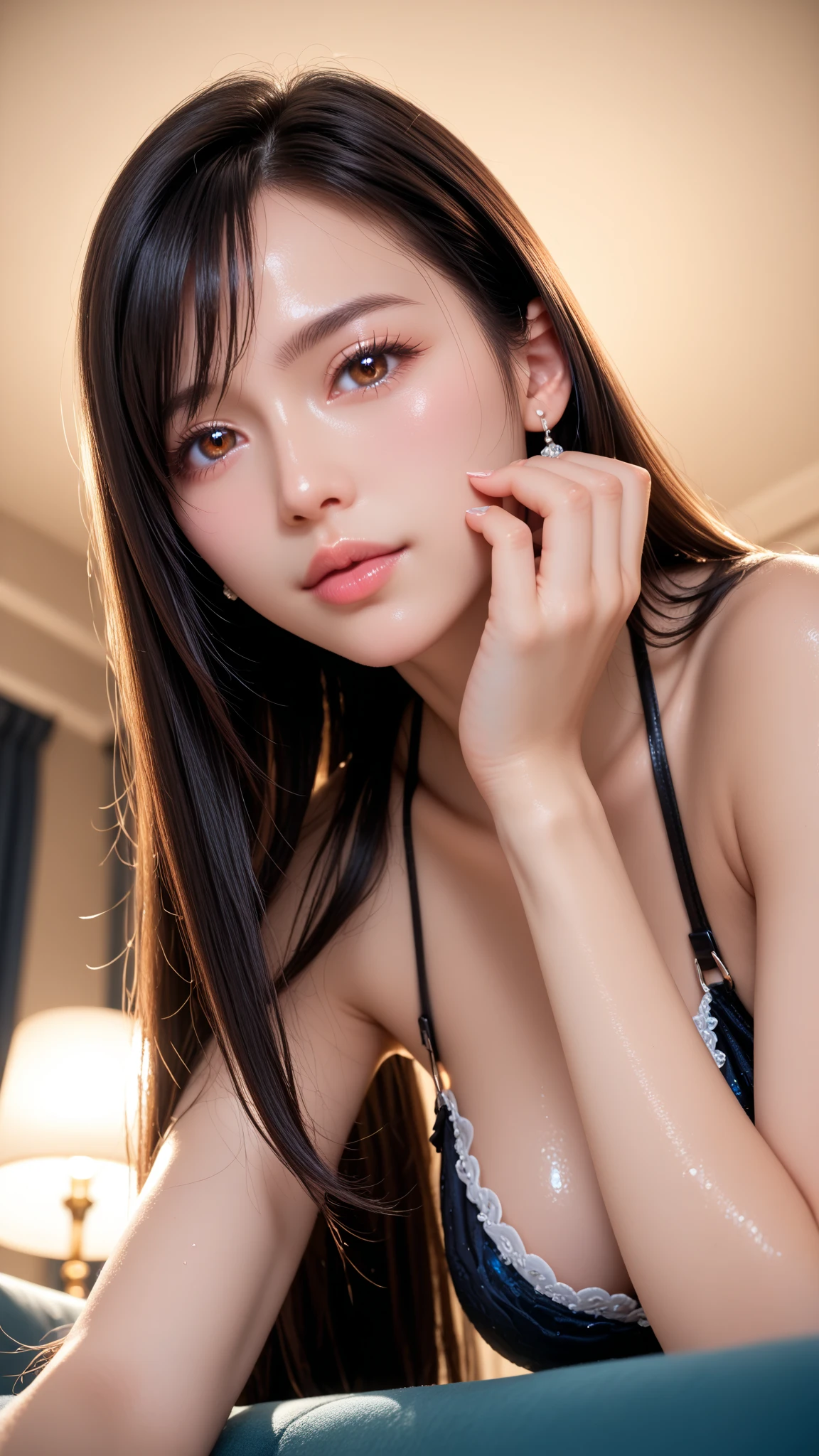 ((Detailed eyes)) ((detailed hair)), detailed skirt, detailed body, ((detailed face)) (top quality, 8k, masterpiece: 1.retty woman with perfect figure: 1.4, dark brown hair, big, wearing pendants, torn shorts, very detailed face and skin, detailed eyes, double eyelids, top quality, masterpiece, (photorealistic: 1.4), one woman, golden ratio, upper eye care, perfect face, beautiful figure, face close-up, long hair, gloss, highlight, gloss, glossy on skin, glossy on skin, wet skin, wet, bangs, cute smile, bust, off-shoulder, refreshing charm, elegant, perfect hands, shiny, highlight, glossy skin, bangs, bust, big, Warm off-shoulder, refreshing charm, ears out, gaze to the camera, poses at different angleshttps,(((Flawless Skin, Blushing Red Cheeks, Glitter Eyes and Aegyo Sal, Natural eyebrows, Curled eyelashes and thin eyeliner Blurred lips to look sexier))) ((((FULLNUDE)))) ((((climax facial Expression-2.0)))) (small bust) ((detailed finger))