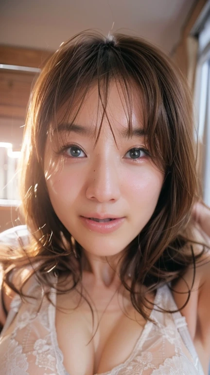(((smile、Focus on the eyes:1.1、Extremely detailed:1.22、Ultra-high resolution、masterpiece:1.45、Highest quality)))、((((Whole body expression:1.68、camisole、Leaning forward、One person))))、long, straight black hair、So that every single hair is clearly visible、The subtle color changes of hair depending on how the light hits it、 Skin has a natural glow、Fine skin texture、Representing the fine details of pores:1.25、Details of the light redness on the forehead and cheeks、(((Eyes with fine iris details、The eyes depict color gradations and patterns.、Long, natural-looking eyelashes, each and every one visible、Well-groomed eyebrows、眉毛のindivual々The hair is clearly visible、Light reflecting off into the eye、The light in the eyes creates small highlights)))、The nose is delicate、Fine detail on the nostrils、Lips are plump and naturally pink、Depicts the fine lines and soft curves of the lips、lips are shiny and、The gloss on your lips accentuates their shape.、(((Detailed depiction of lip texture、Particular attention to the depiction of light and shadow、Soft natural light gently illuminates the face from the front、A faint glow on the forehead、A slight shine on the nose、A slight glow on the cheeks、Shadows are cast softly along the contours of the face、Accentuate the sides of your cheekbones、Accentuate the sides of the jawline、Emphasize the sides of the nose、The gloss on her lips reflects the light faintly、Lips emphasize the plump texture、The shadow of the hair gives depth and dimension、indivual々The hair shines in the light、