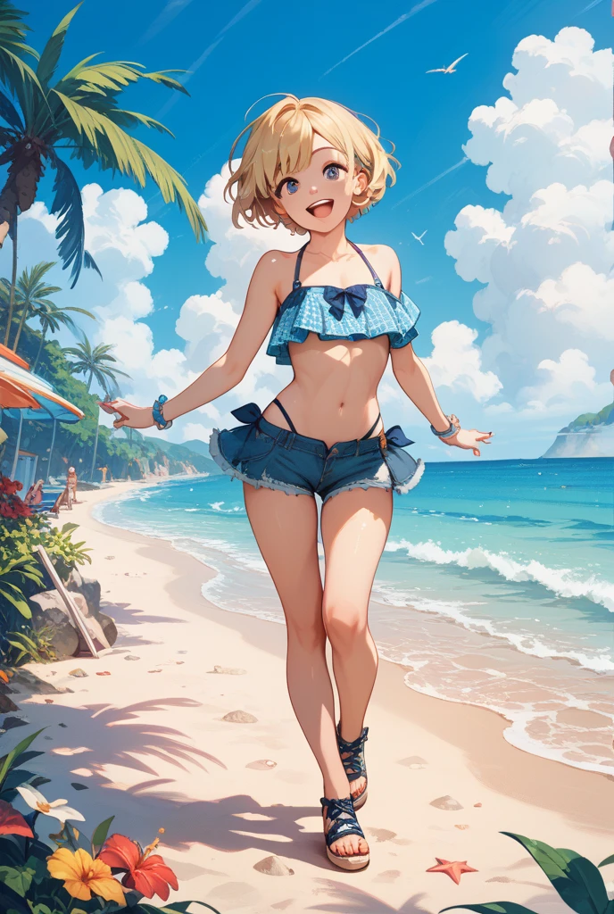 1girl, loli, ocean, bikini, urine, seagull, flat chest, white hair, high quality, high resolution, dull hair, blue eyes